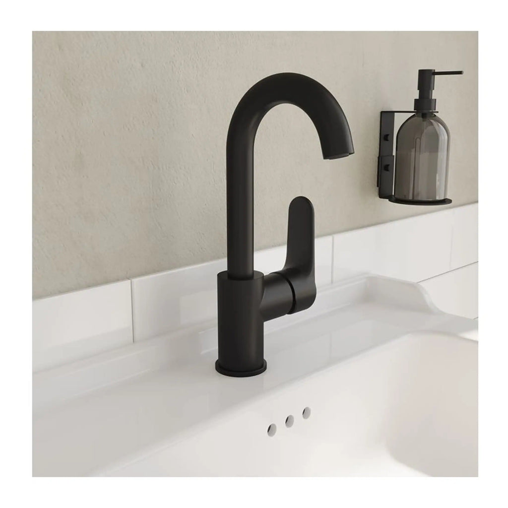 Sleek black kitchen tap with modern design on white countertop, ideal for contemporary bathroom fittings.