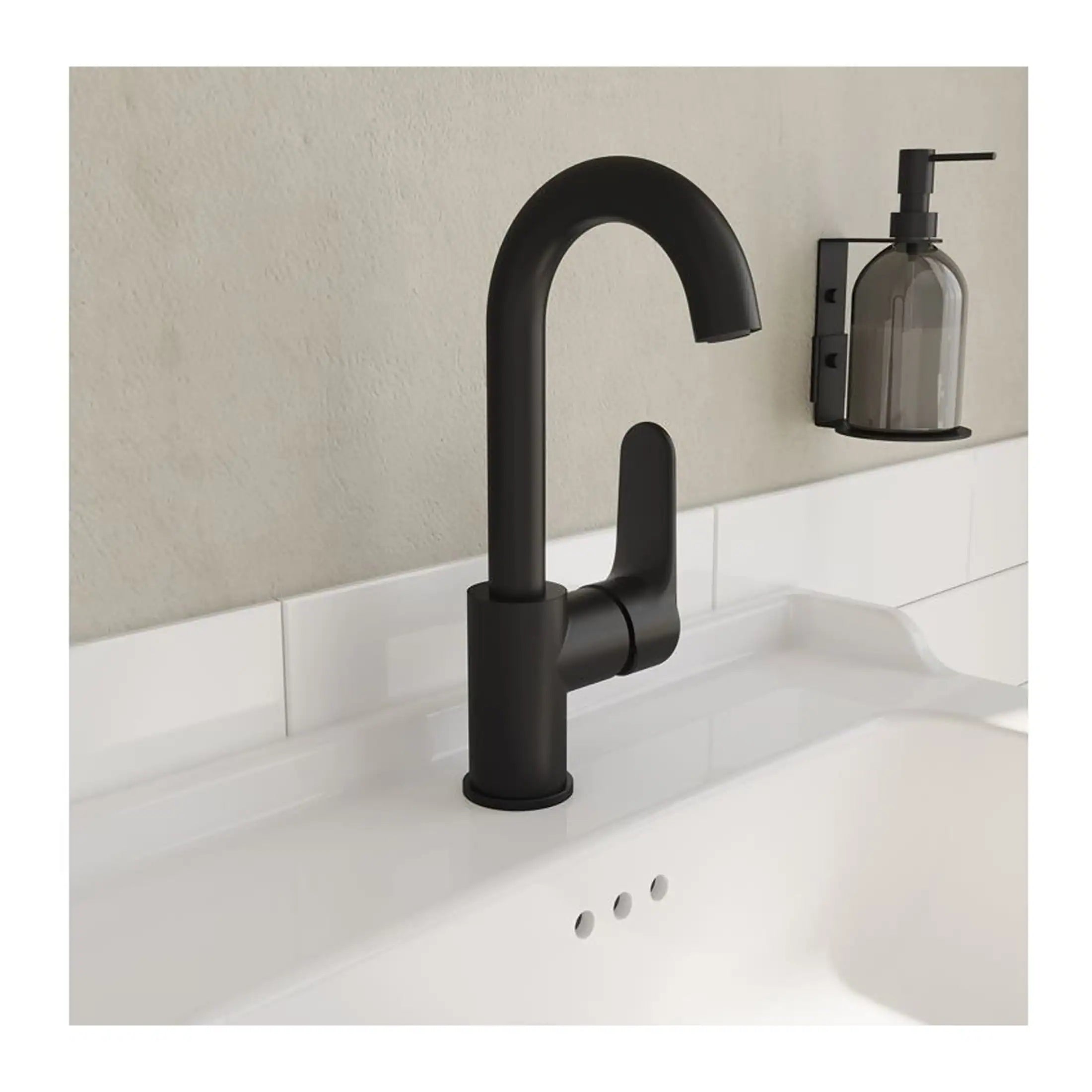 Sleek black kitchen tap with modern design on white countertop, ideal for contemporary bathroom fittings.