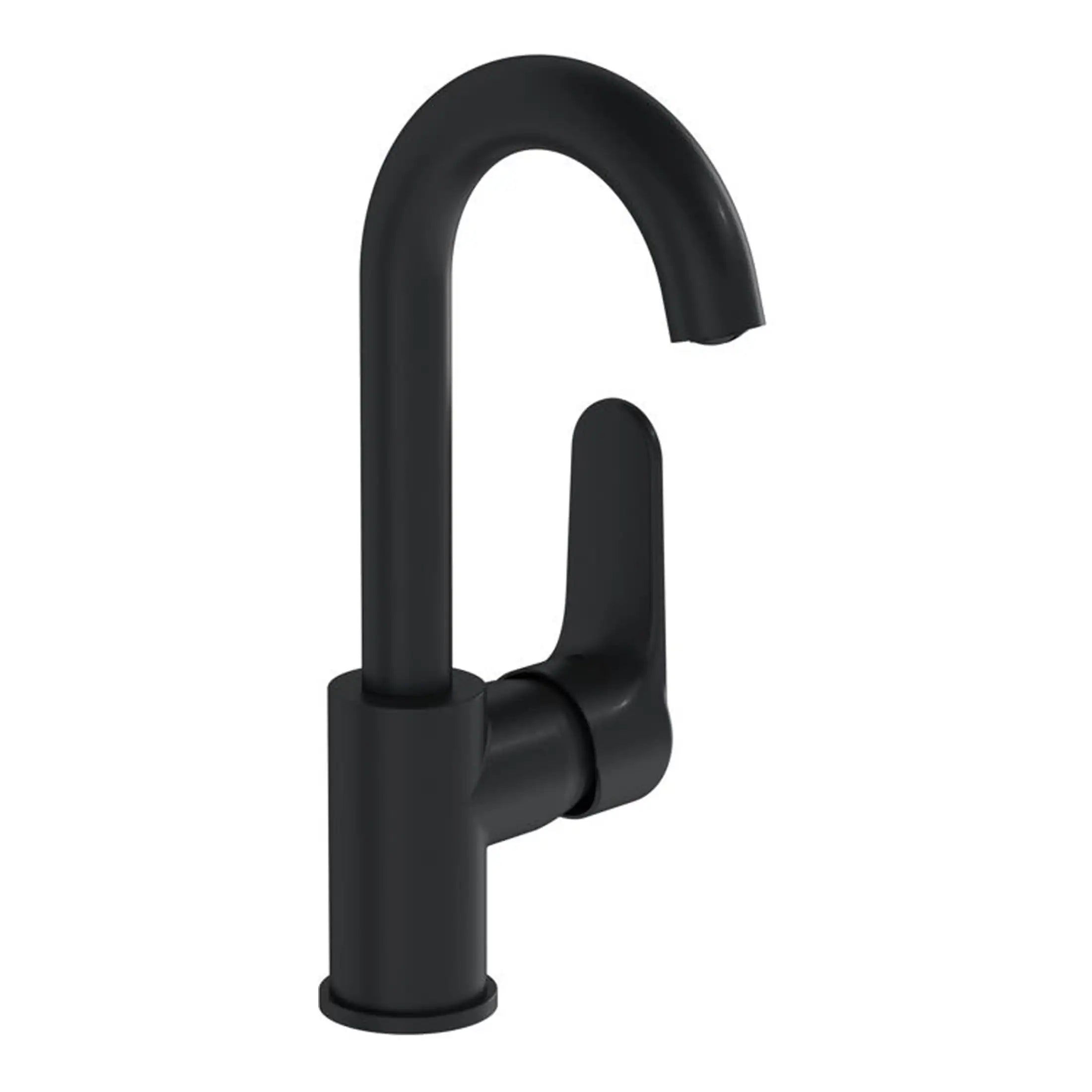 Black kitchen sink tap with modern design, high arc spout, and single lever for easy control, perfect for contemporary bathrooms and kitchens.