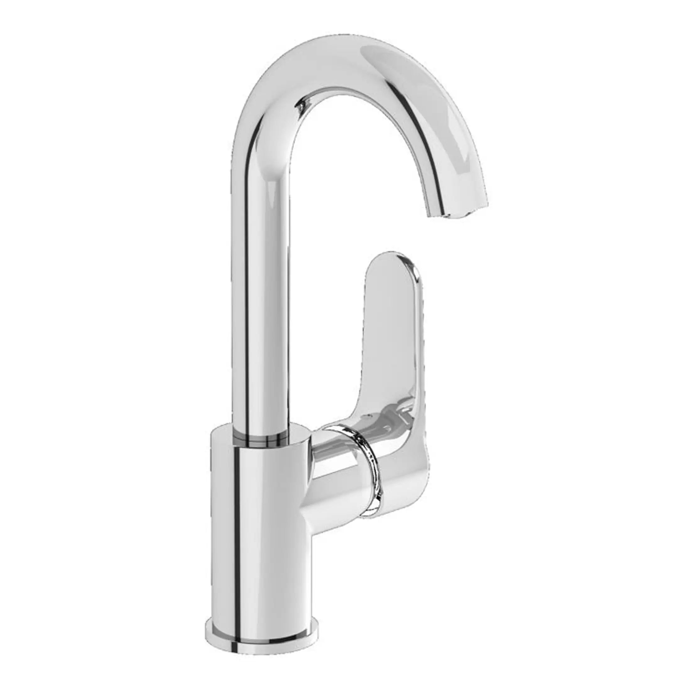 Sleek modern chrome kitchen or bathroom tap with high-arc spout and single lever control for stylish and functional bathroom or kitchen sink setup.