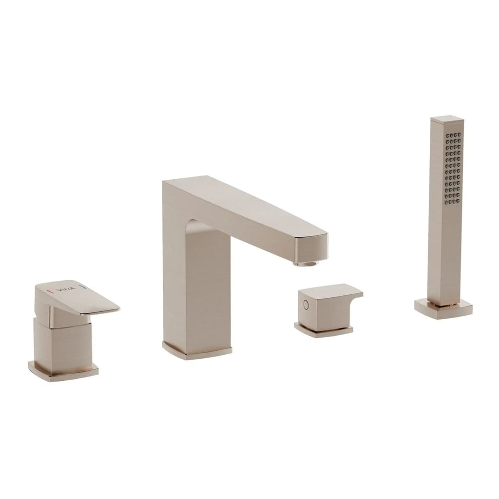 Sleek modern bathroom mixer tap set with a square design, including a mixer valve, spout, and separate handheld shower head in a brushed nickel finish.
