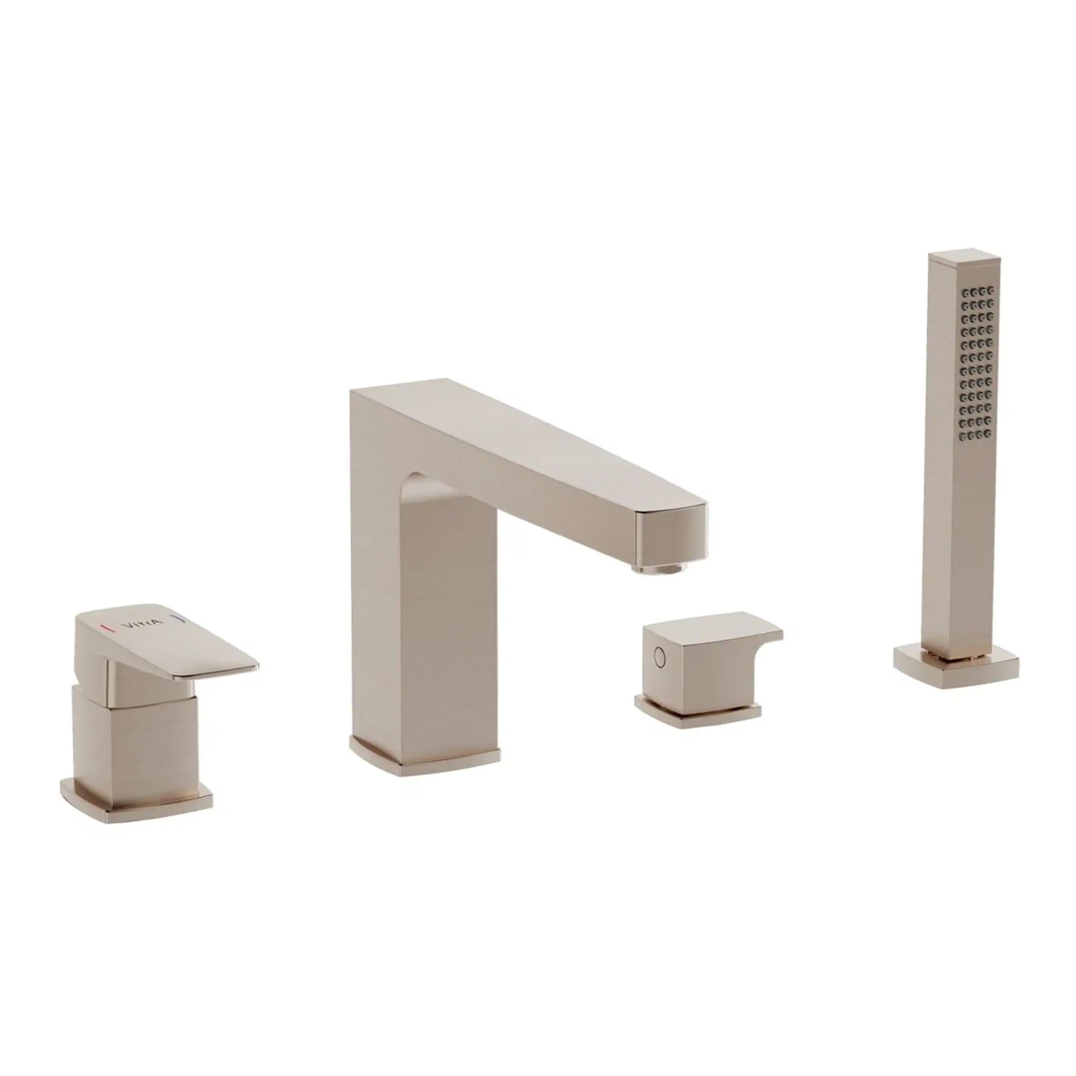 Sleek modern bathroom mixer tap set with a square design, including a mixer valve, spout, and separate handheld shower head in a brushed nickel finish.