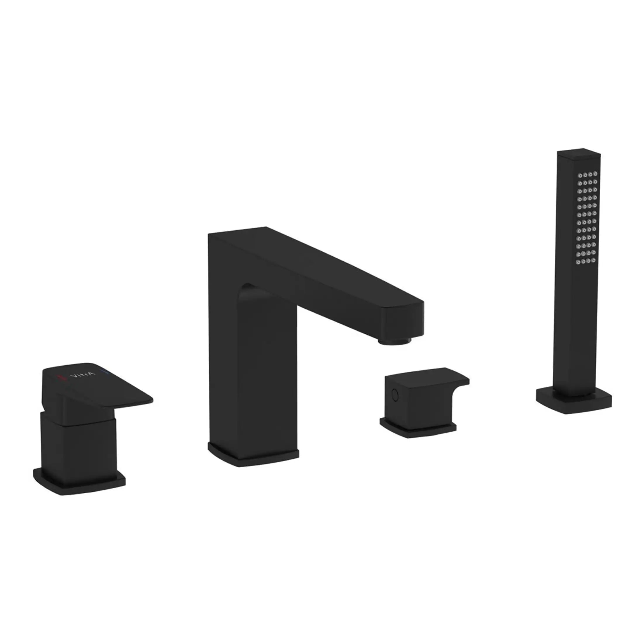 Minimalist black bathroom tap set with matching soap dispenser, handheld shower, and faucet designed for contemporary bathrooms.