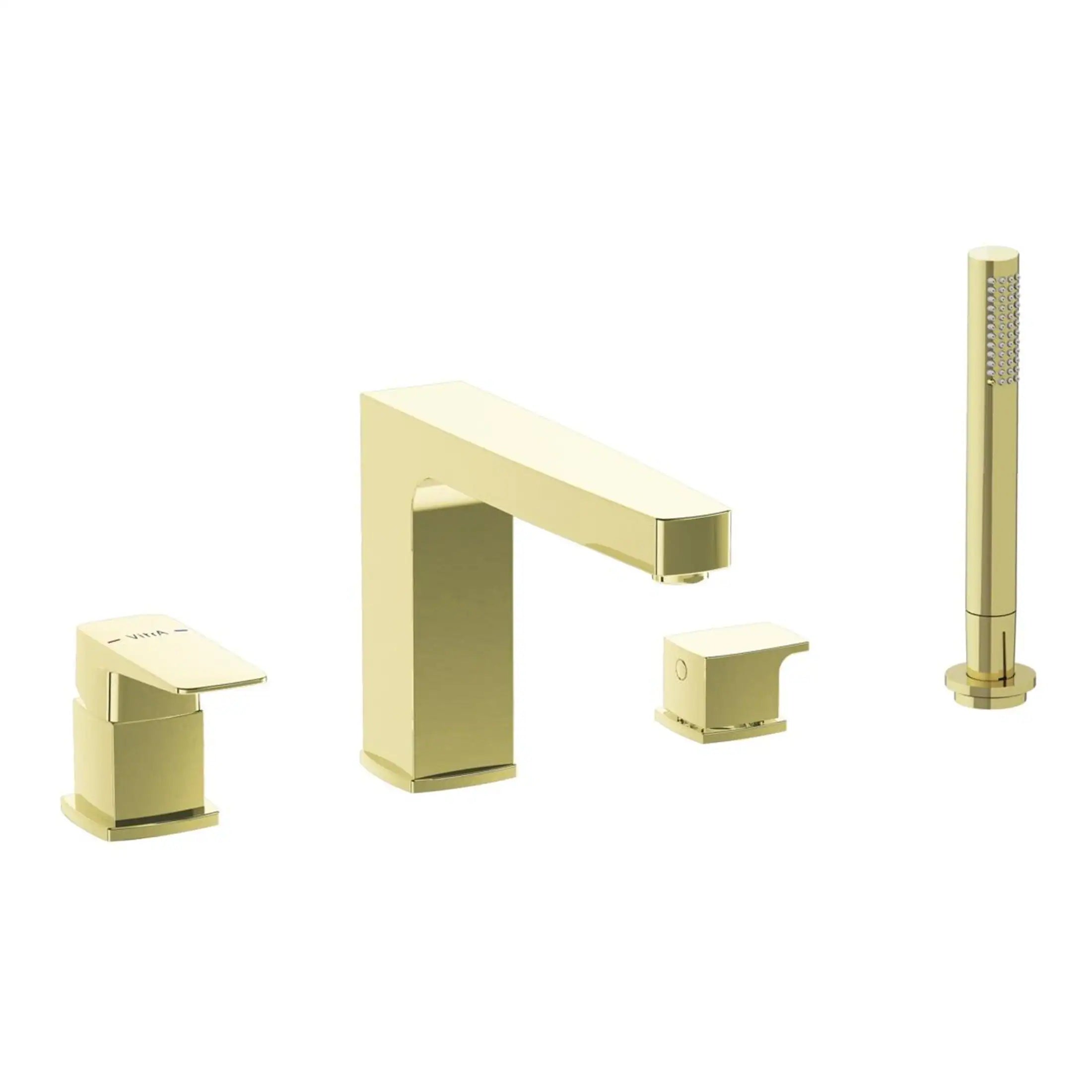 Luxurious gold bathroom tap and accessories set for modern bathrooms, including a faucet, handles, and handheld shower, designed for elegant and stylish bathroom installations.