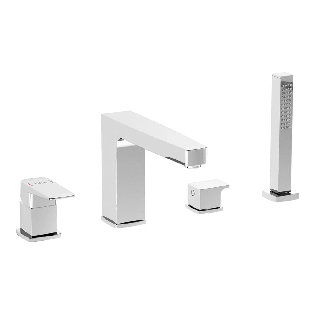 Sleek modern bathroom faucet set with matching shower and soap dispenser, all in polished chrome finish, perfect for contemporary bathroom design.