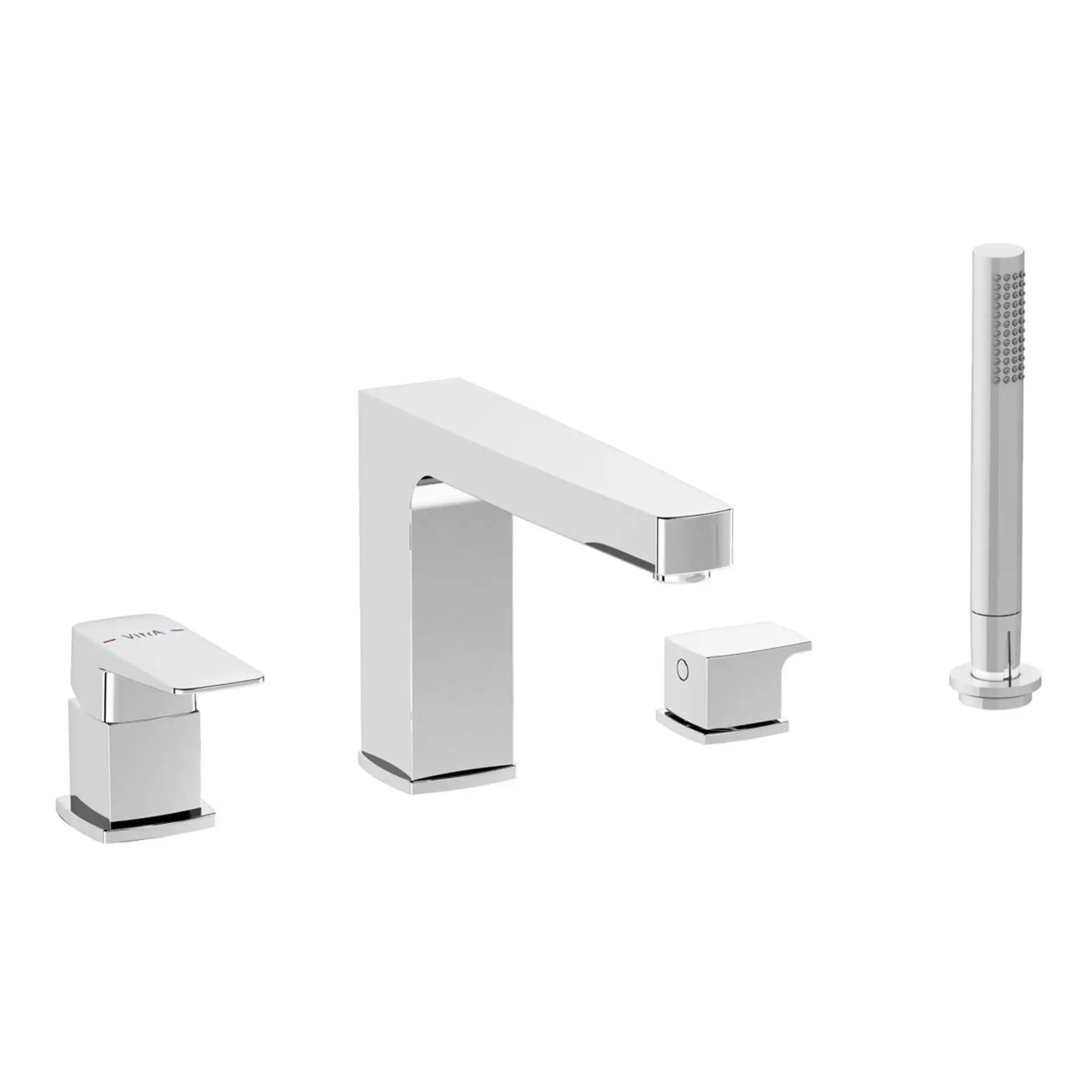 Sleek chrome bathroom tap set with cross handles, included hand shower and matching accessories for modern bathroom design.