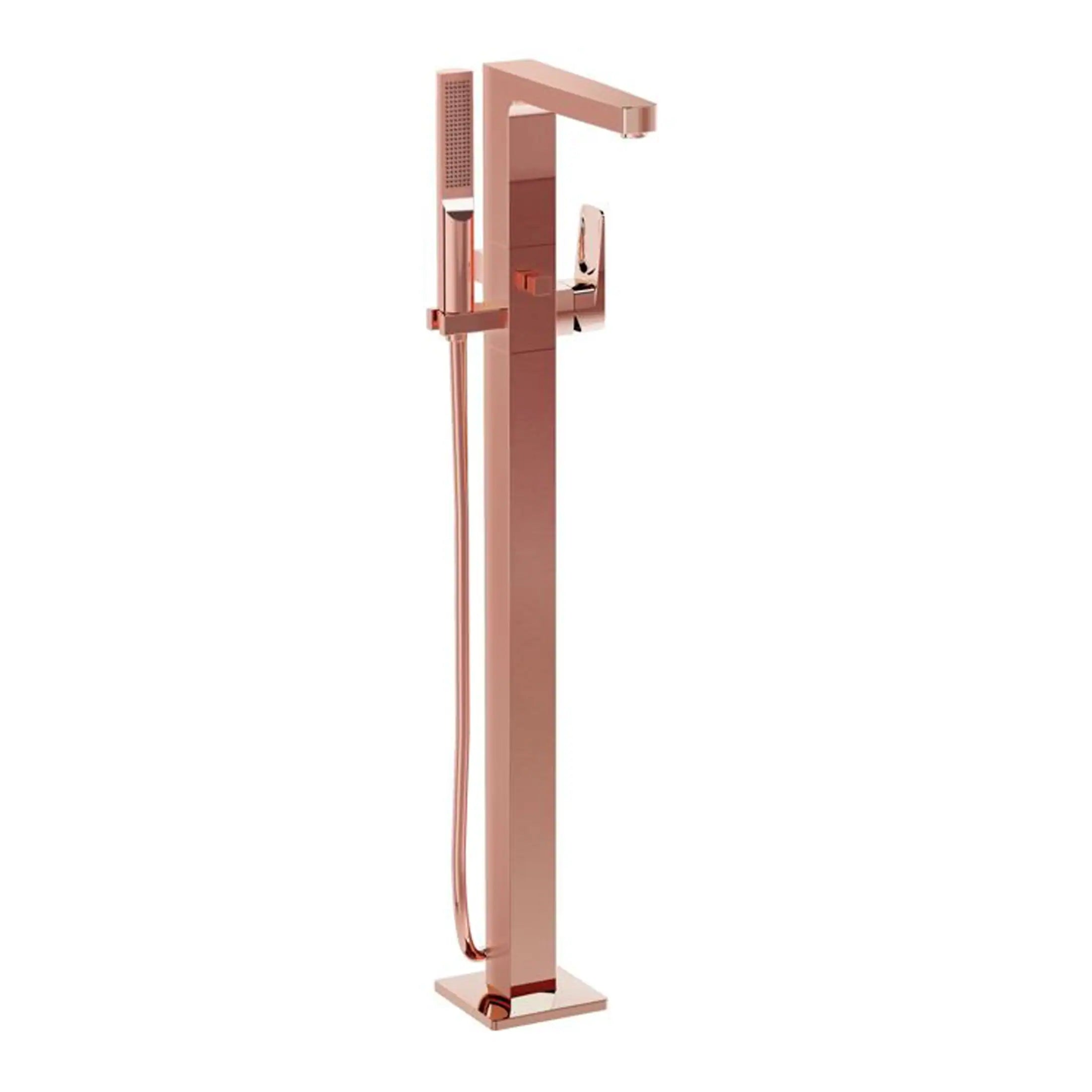 Luxurious rose gold freestanding bathroom faucet with matching hand shower and modern design, perfect for contemporary bathroom renovations and stylish home upgrades.