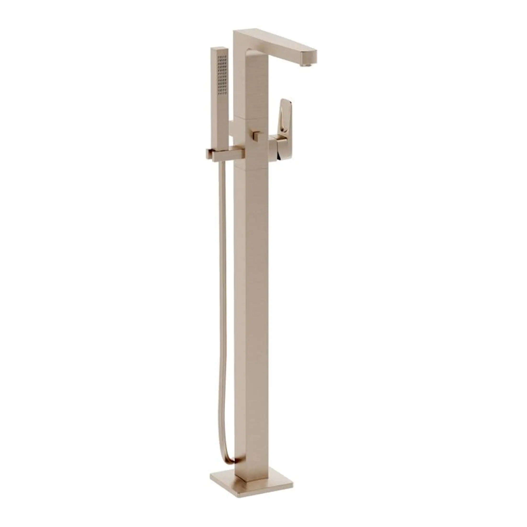 Polished stainless steel freestanding bathroom bath shower mixer tap with handheld shower head on adjustable rail.