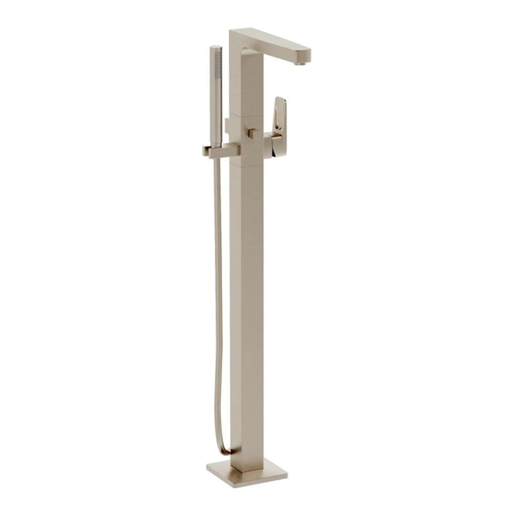 Modern freestanding bathroom mixer tap with handheld showerhead and sleek brushed nickel finish, ideal for luxurious bath and shower setups.