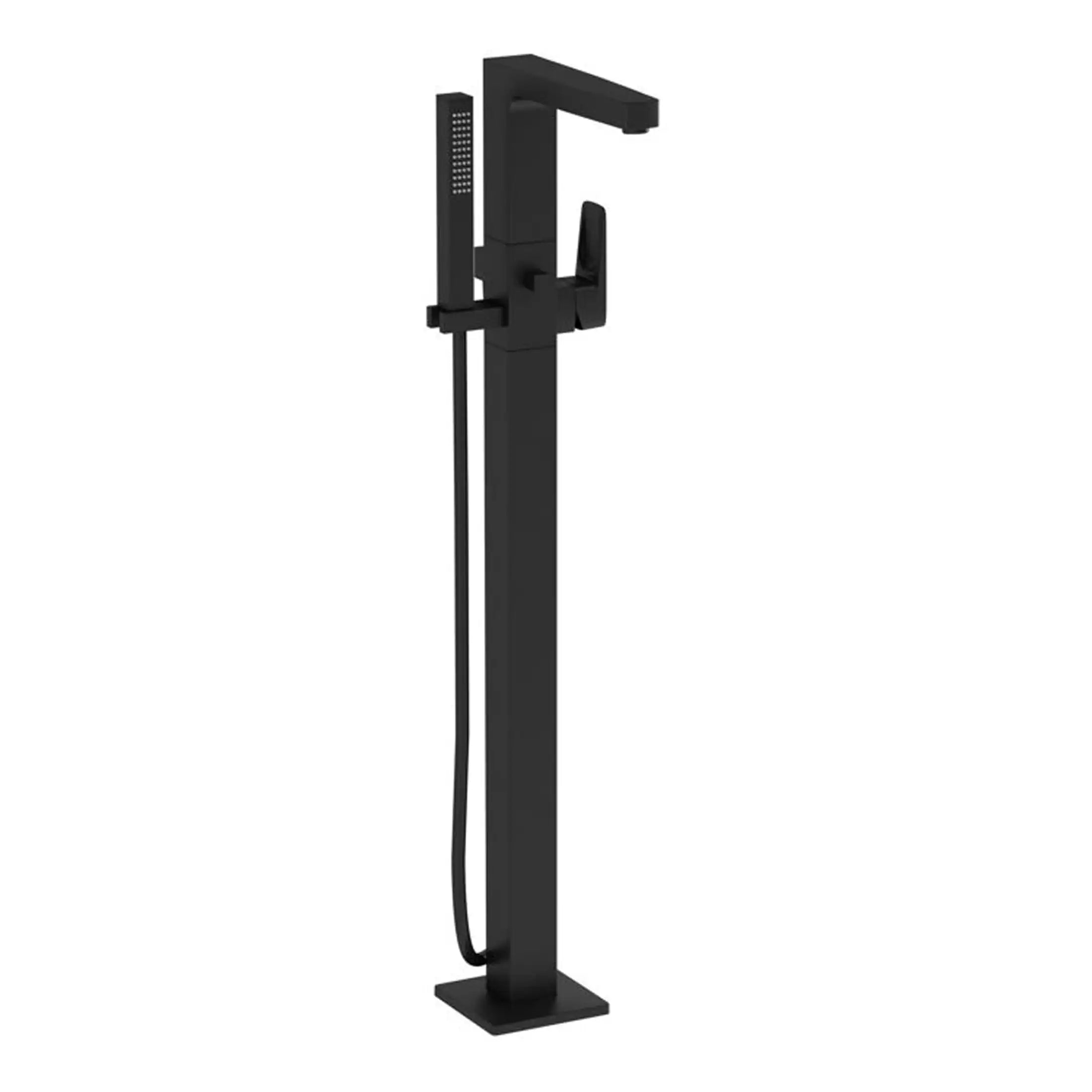 Black freestanding bathroom basin tap with handheld shower and flexible hose for modern Bucly bathrooms. Ideal for stylish, contemporary bathroom sets.