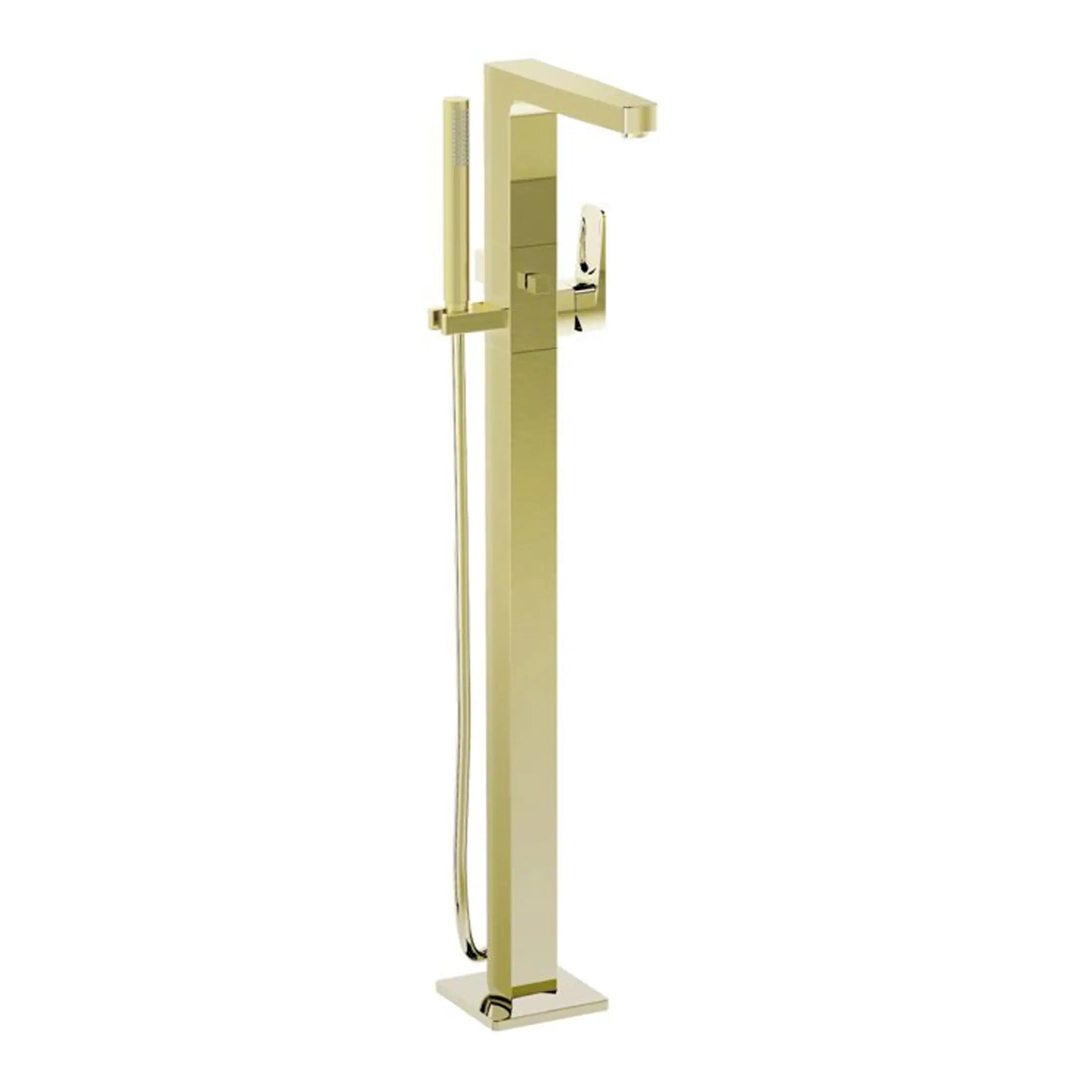 Luxurious freestanding gold bathroom tap with hand shower and modern design for stylish bathroom renovations. Perfect for creating a sleek, contemporary look.
