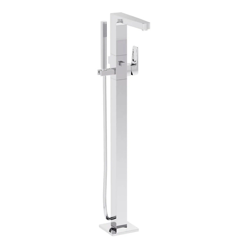 Modern chrome freestanding bathroom tap with handheld shower attachment and sleek design. Ideal for contemporary bathrooms, combining style and functionality. Perfect for stylish bathing setups.