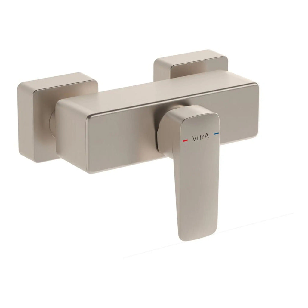 Sleek modern Vitra thermostatic shower mixer tap in brushed nickel finish for stylish bathroom upgrades.