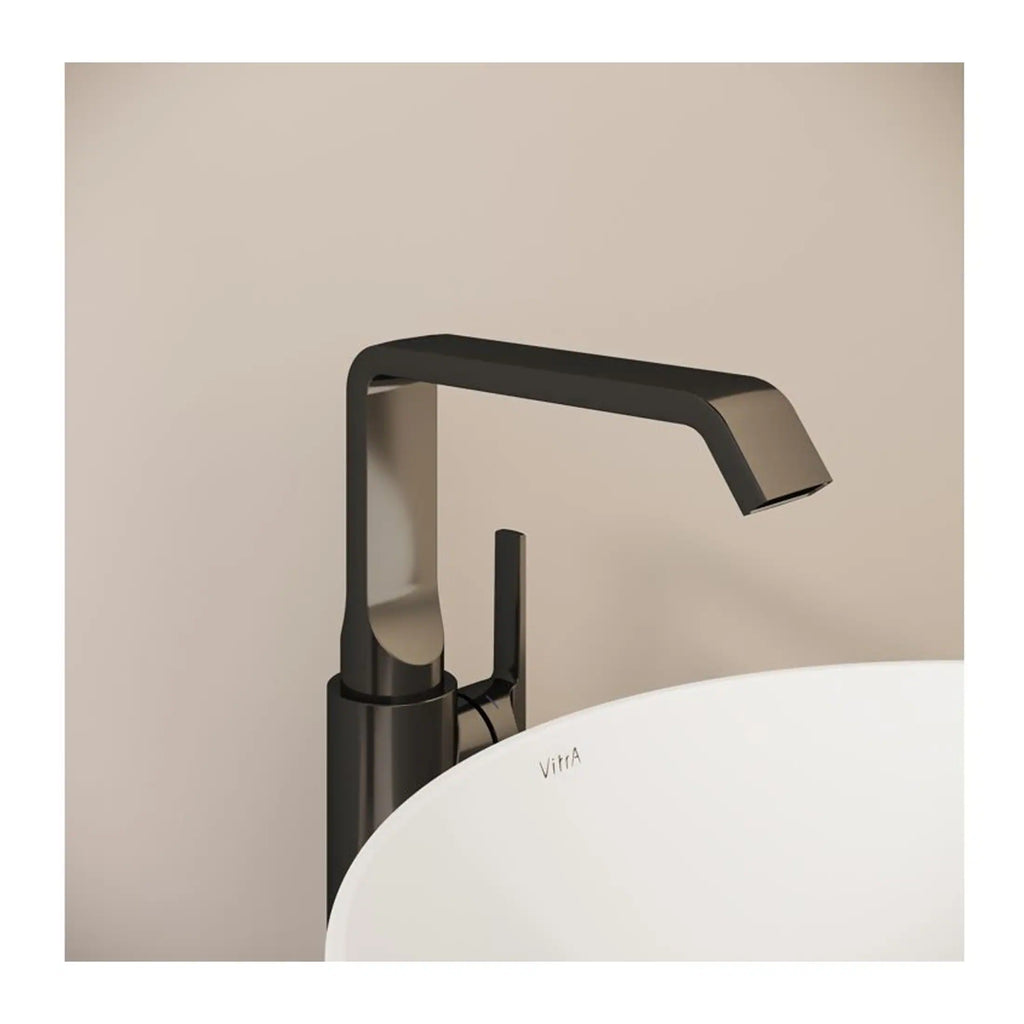 Sleek black modern bathroom tap with a matte finish, designed for stylish contemporary bathrooms.
