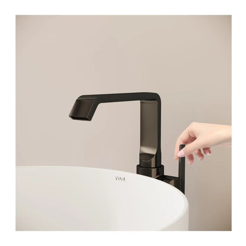 Sleek black bathroom faucet with minimalist design, modern tap for washbasin or sink, high-quality materials, contemporary bathroom accessories, stylish plumbing fixtures, Bubly Bathrooms UK.