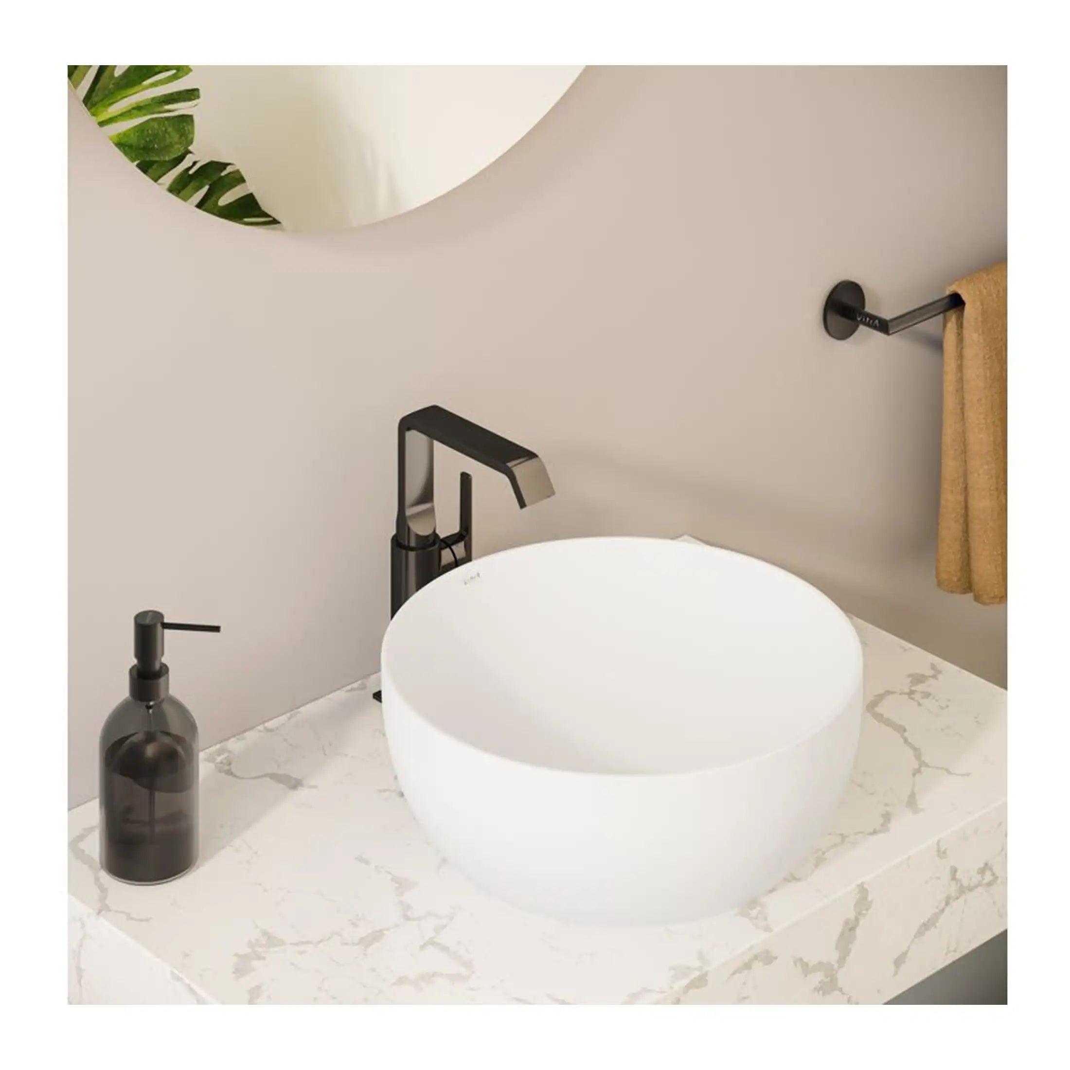 Elegant white vessel bathroom sink on marble countertop with matte black faucet, black soap dispenser, and wall-mounted towel rail showcasing modern bathroom fixtures for a stylish washroom upgrade.