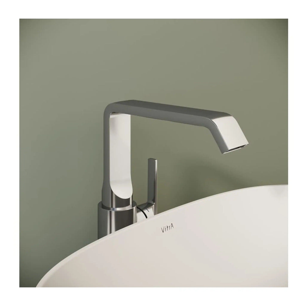 Sleek modern bathroom sink faucet in brushed nickel finish, designed for contemporary bathroom decor, with a minimalist style and smooth lines.