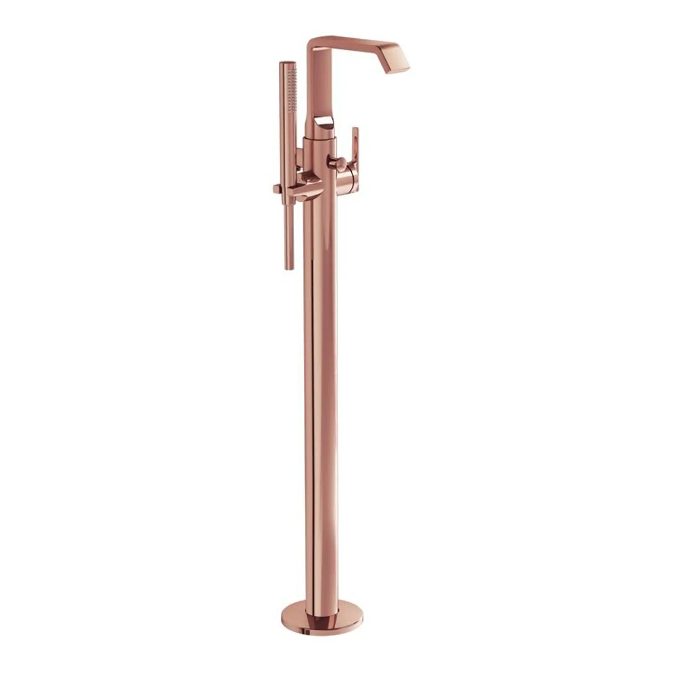 Sleek rose gold freestanding bathroom tap and handheld shower set, modern bathroom fixture for stylish and functional space. Perfect for luxurious bathroom design and plumbing installations.