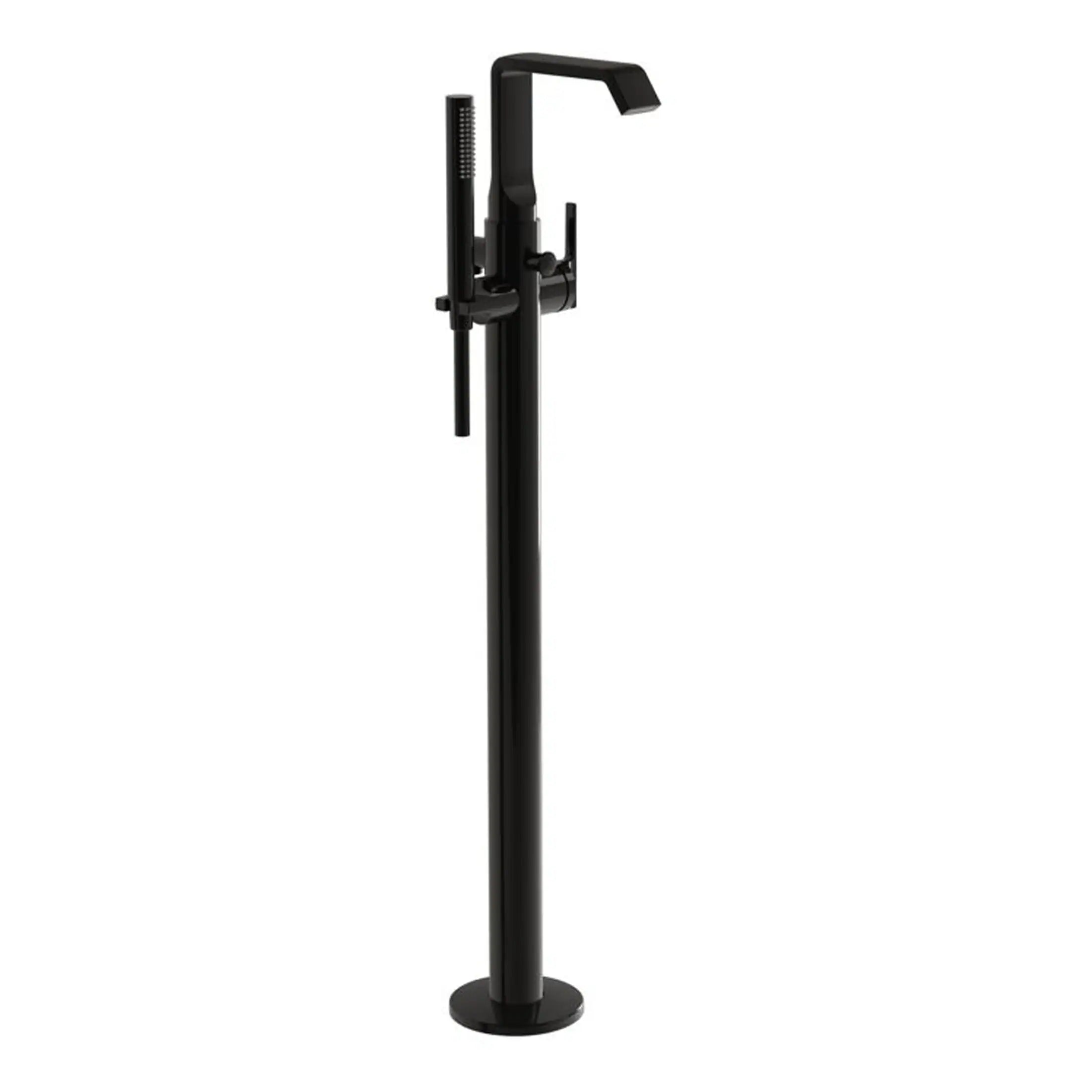 Modern black bathroom tap with handheld shower attachment and flexible hose, ideal for contemporary bathroom designs, ensuring water efficiency and style.
