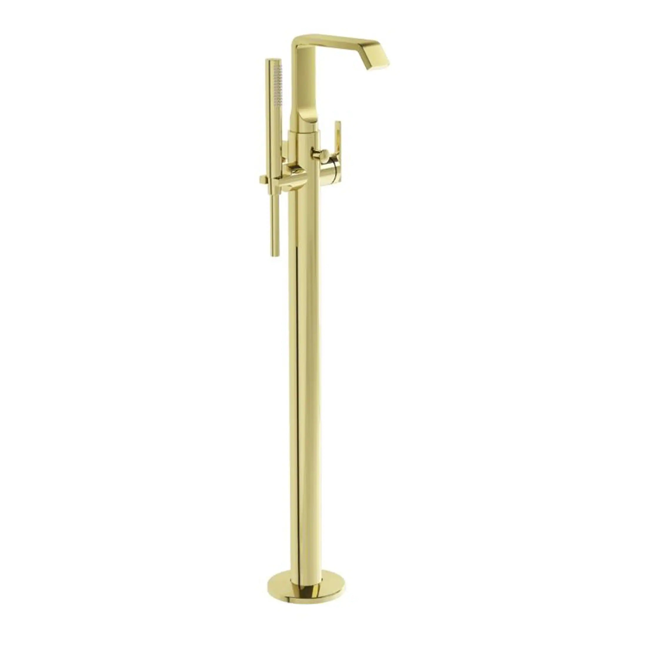 Polished gold freestanding bathtub faucet with handheld shower attachment, modern design, suitable for luxurious bathroom renovation.