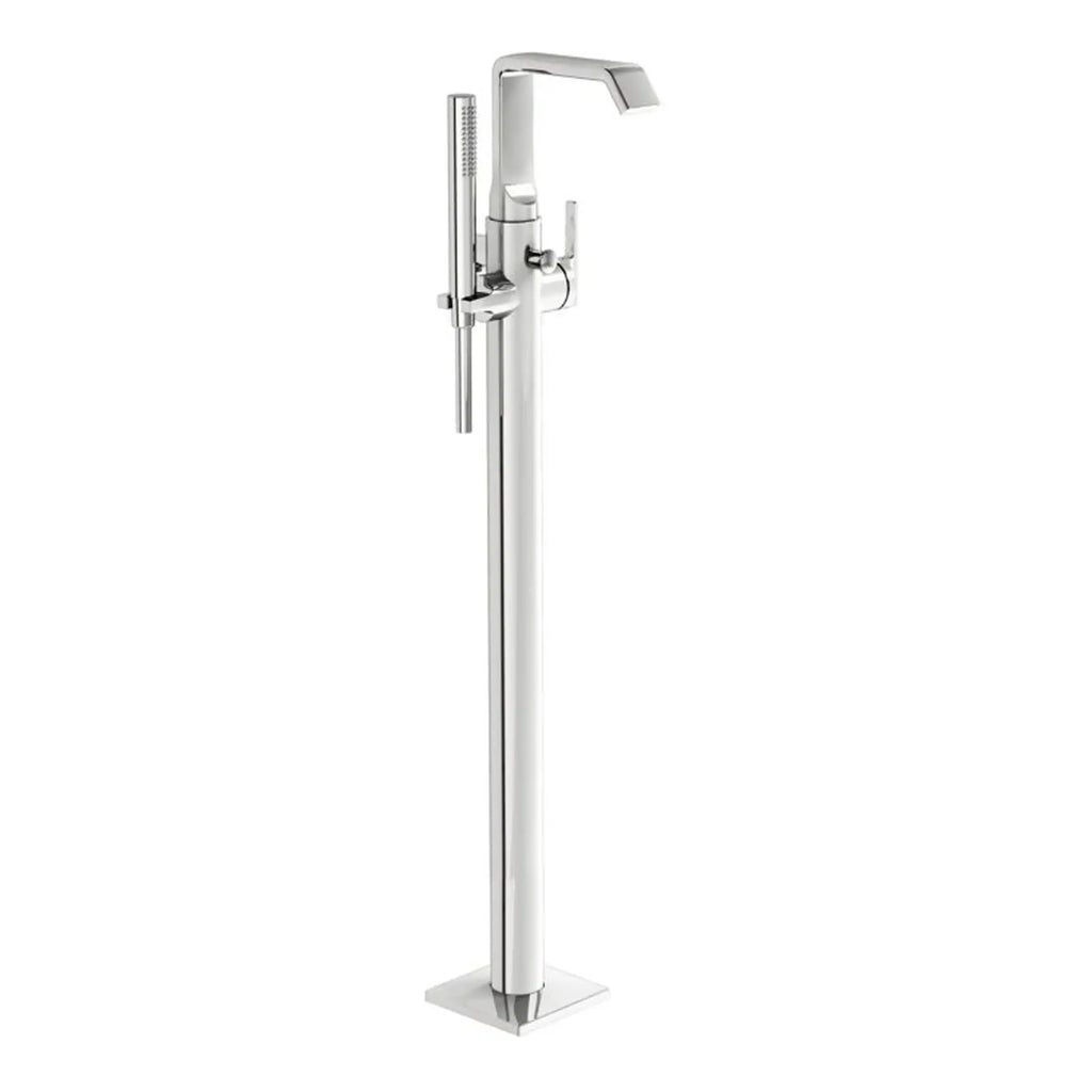 Elegant chrome freestanding bathroom tap with dual controls and handheld shower attachment for modern bathroom comfort. Designed for stylish and functional use.