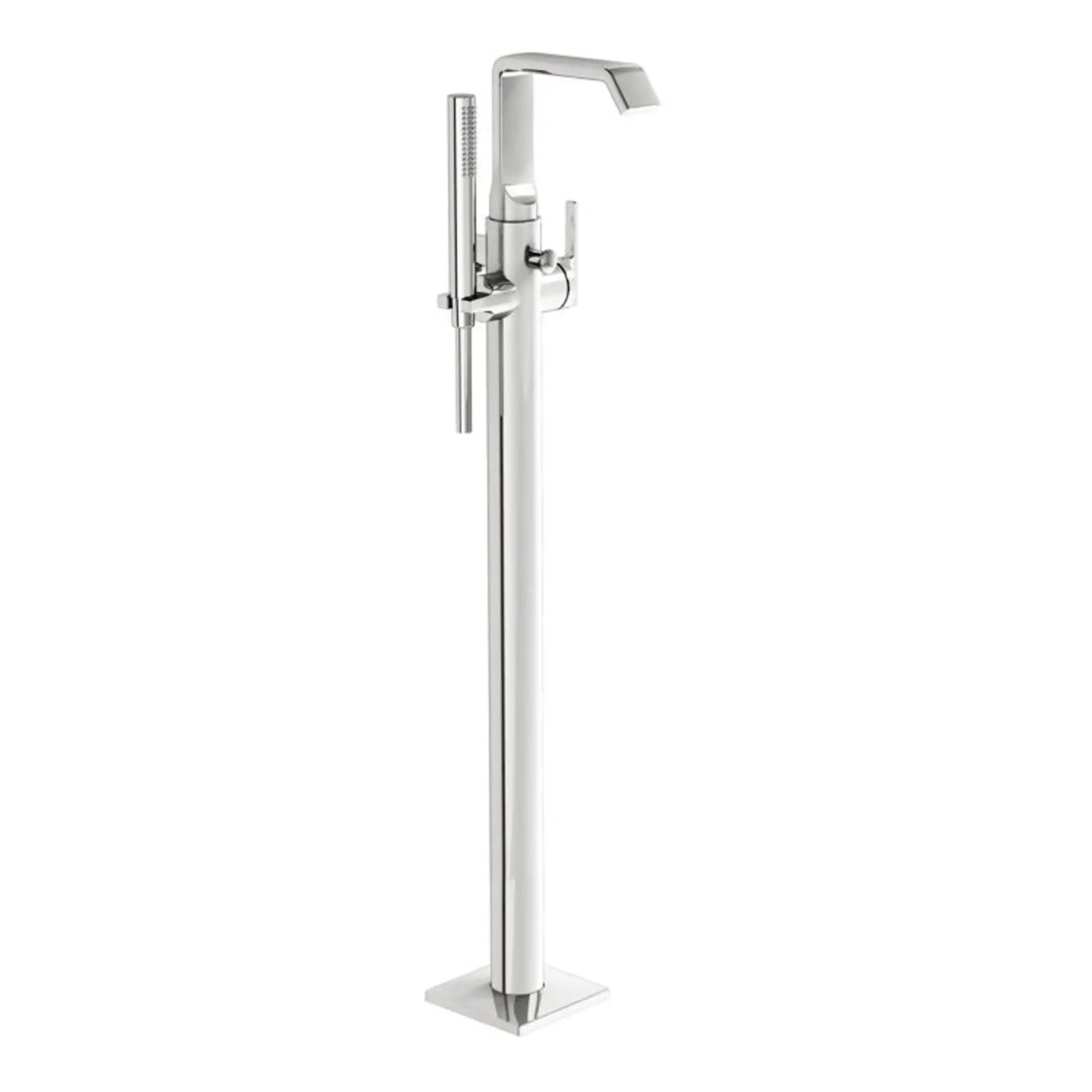 Elegant chrome freestanding bathroom tap with dual controls and handheld shower attachment for modern bathroom comfort. Designed for stylish and functional use.