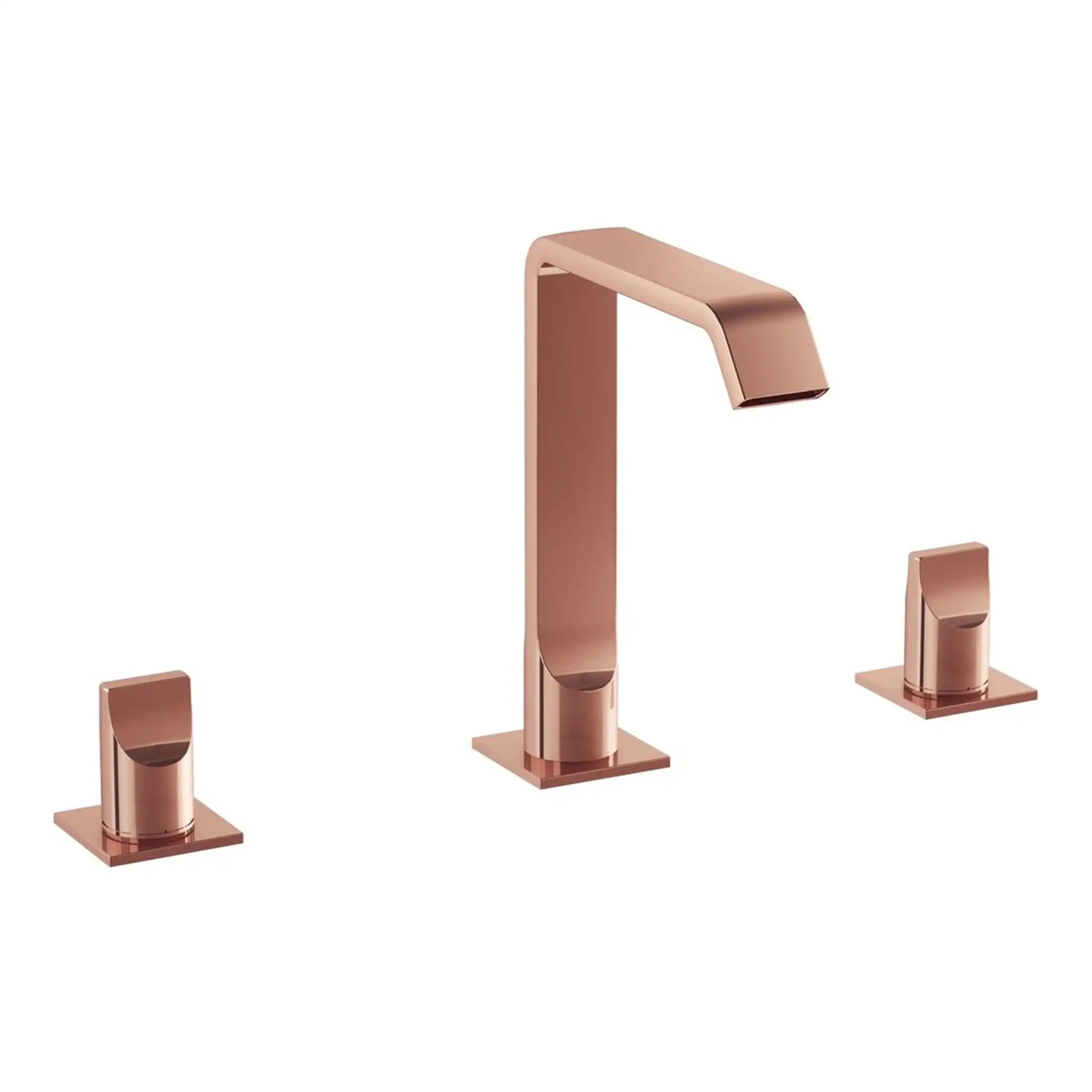 Sleek rose gold bathroom mixer tap with matching handles, modern design perfect for contemporary ensuite or main bathroom sinks. High-quality finish for stylish bathroom upgrades.