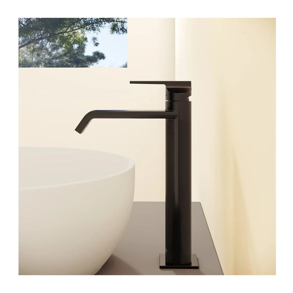 Sleek black bathroom tap with modern design, perfect for contemporary bathrooms and plumbing fixtures, available at Bubly Bathrooms in the UK.