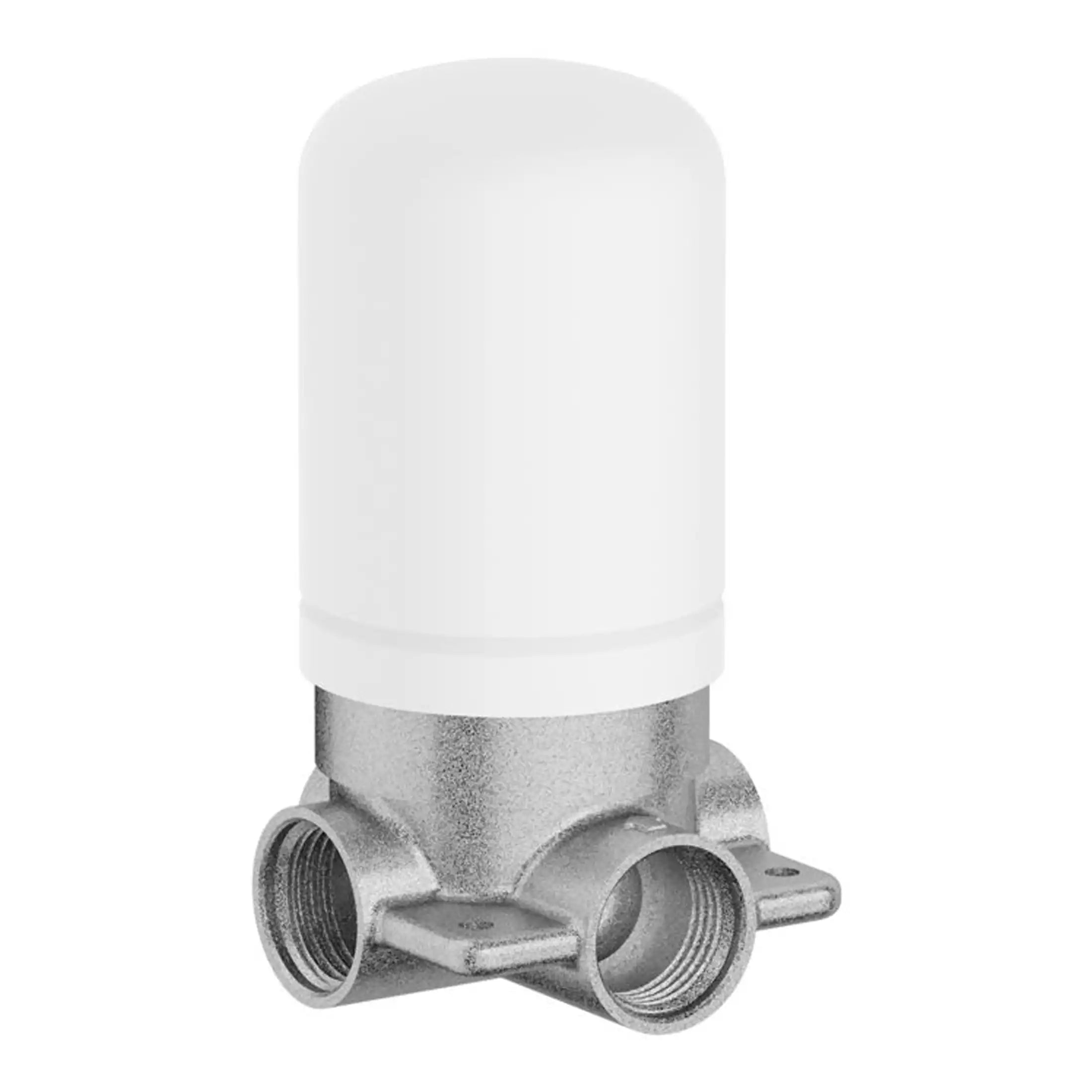 Valve with white plastic cover and metal body for bathroom heating systems and plumbing.