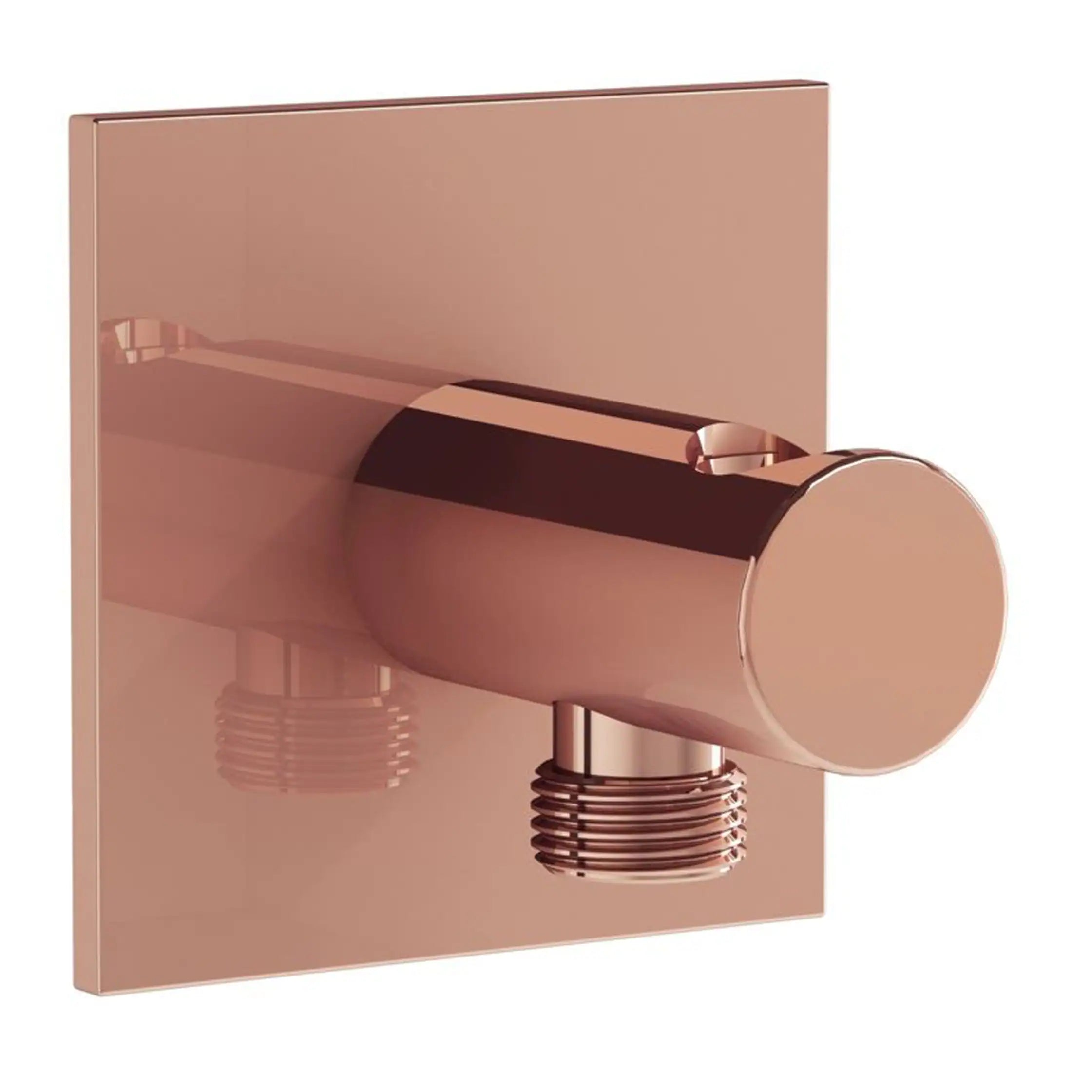 Polished rose gold flush valve for modern bathroom plumbing, sleek and high-quality design.