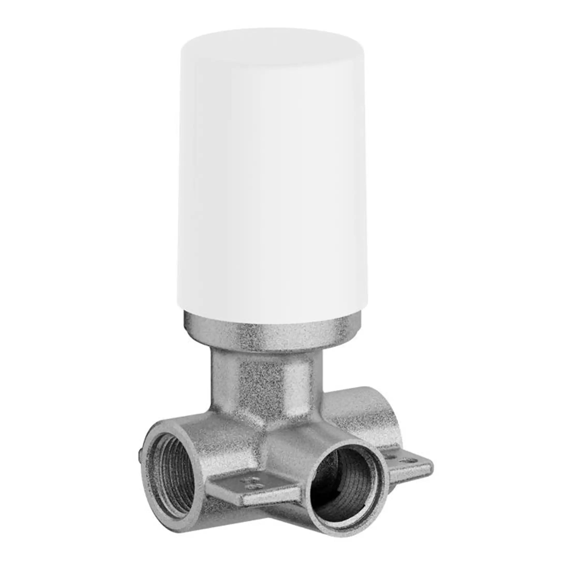 Compact water valve with a white handle for bathroom plumbing systems, designed for easy control and reliable performance. Suitable for various bathroom fixtures and installations.