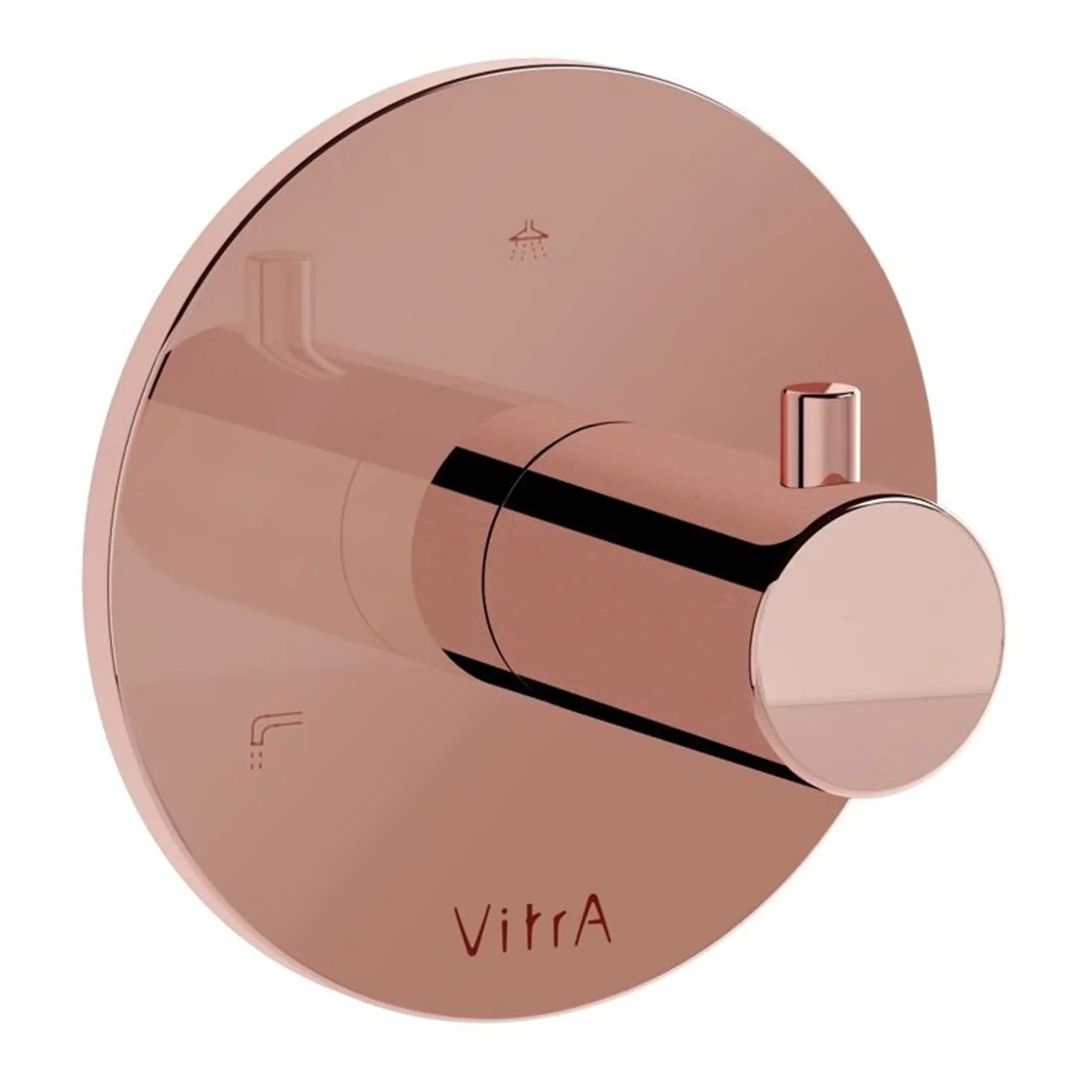 Shower temperature control dial in rose gold finish for modern bathroom aesthetics, featuring easy grip knob and sleek design.
