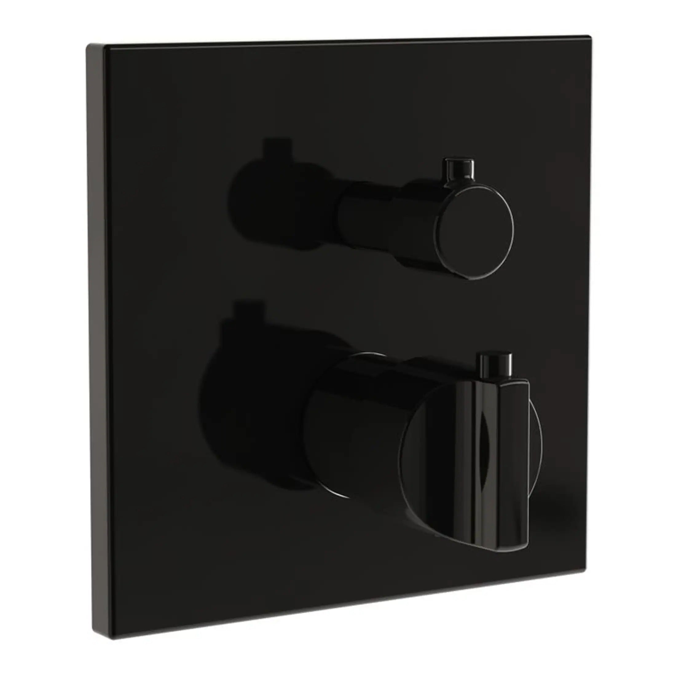 Satin black bathroom dual control shower valve with sleek modern design, perfect for contemporary bathroom installations. Suitable for precise water temperature control and durability.