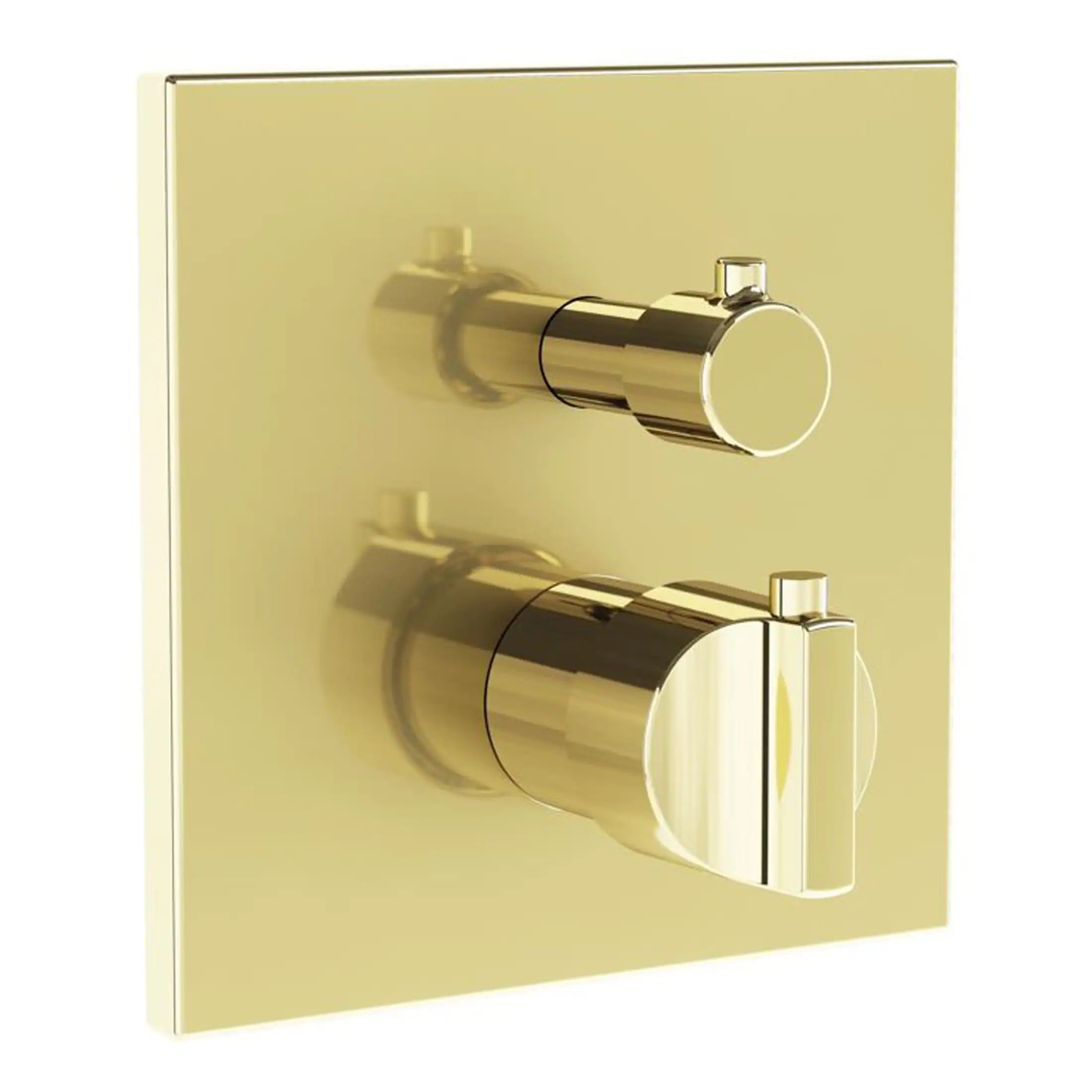 Polished gold bathroom shower or bath tap control panel with two lever handles, luxury modern plumbing fixture.