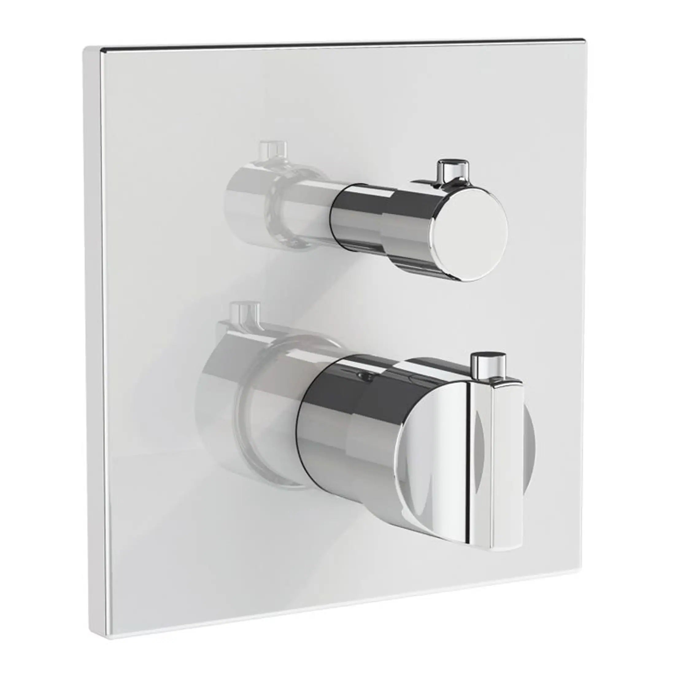 Sleek chrome bathroom shower control switches on a modern white wall plate. Perfect for stylish and functional bathroom renovation or upgrade, combining contemporary design with reliable operation.
