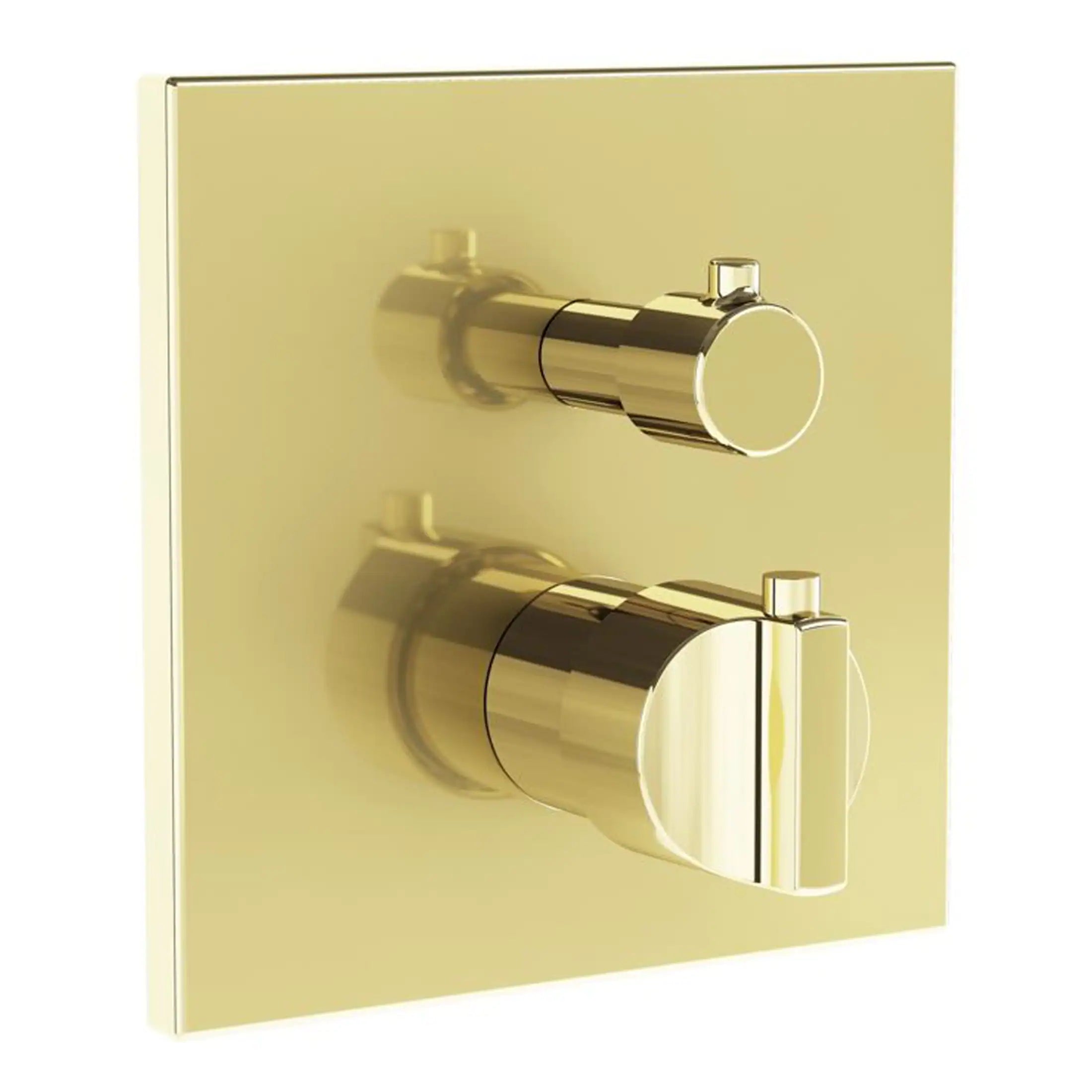 Shiny gold bathroom faucet control panel with two adjustable knobs, modern plumbing fixture for stylish bathroom renovation and design.