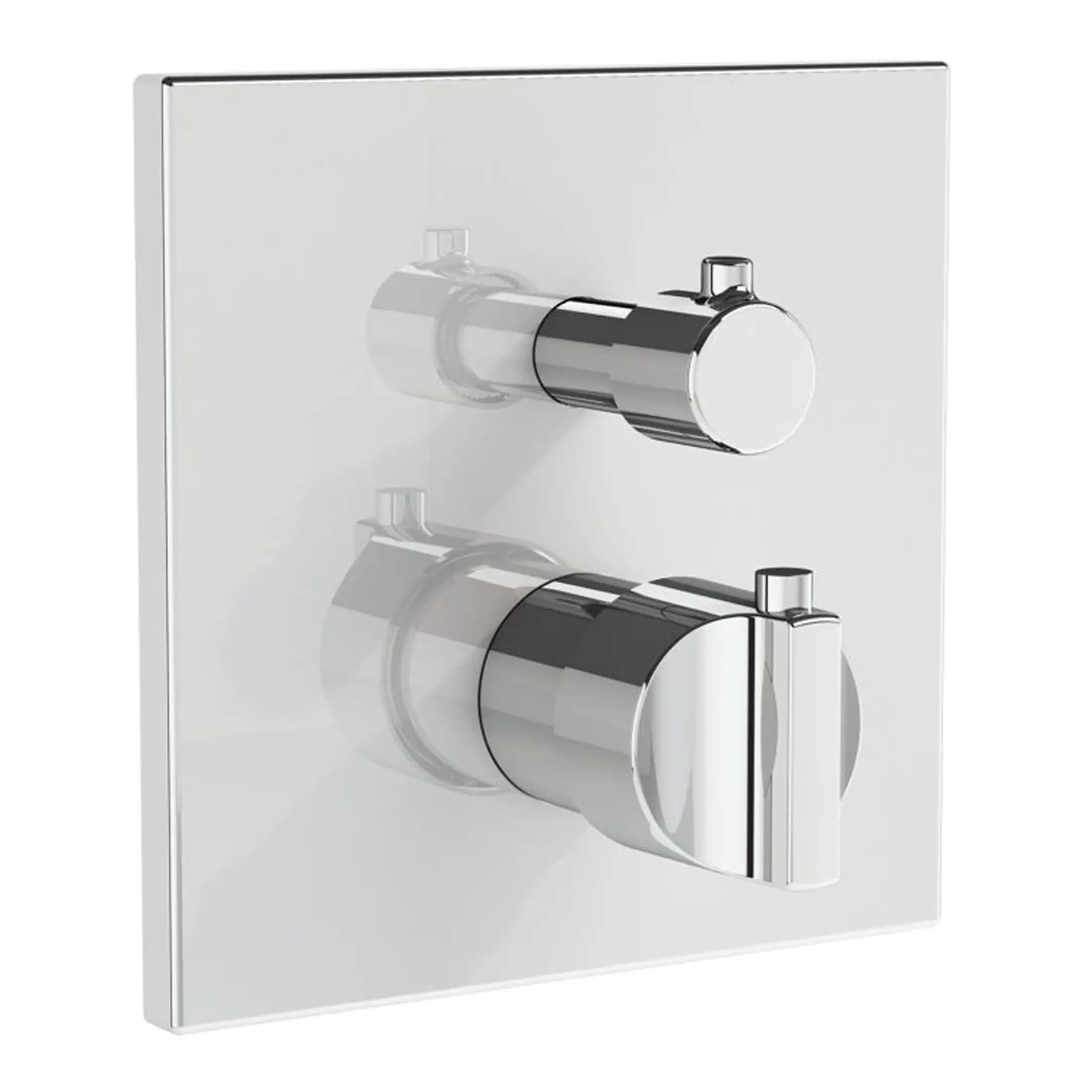 Shower diverter valve with chrome finish installed on modern bathroom wall, allowing easy control of water flow between shower and bath taps.