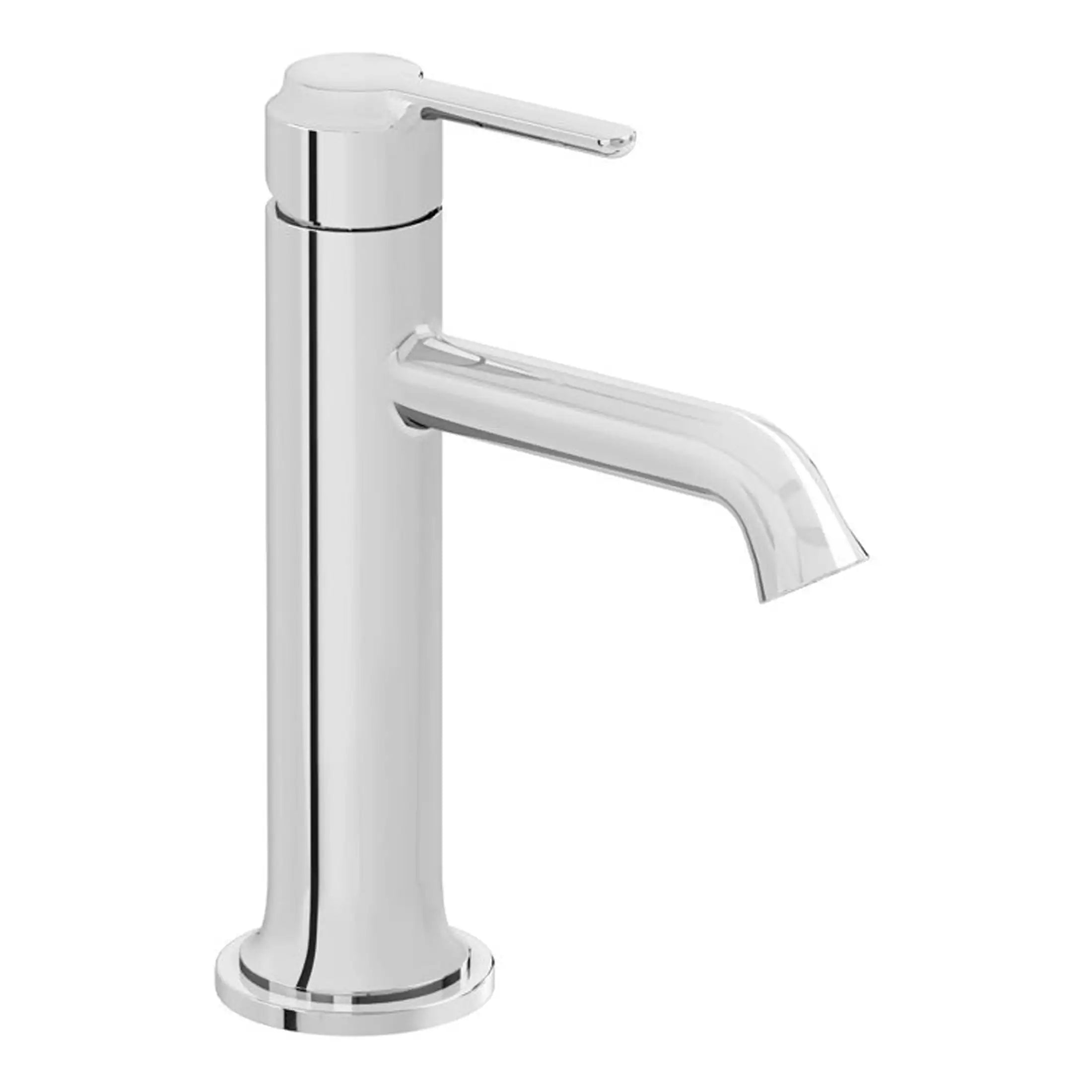 Sleek modern chrome bathroom tap for contemporary bathroom designs, featuring a single lever handle for easy water control and a high spout for practicality and aesthetic appeal.
