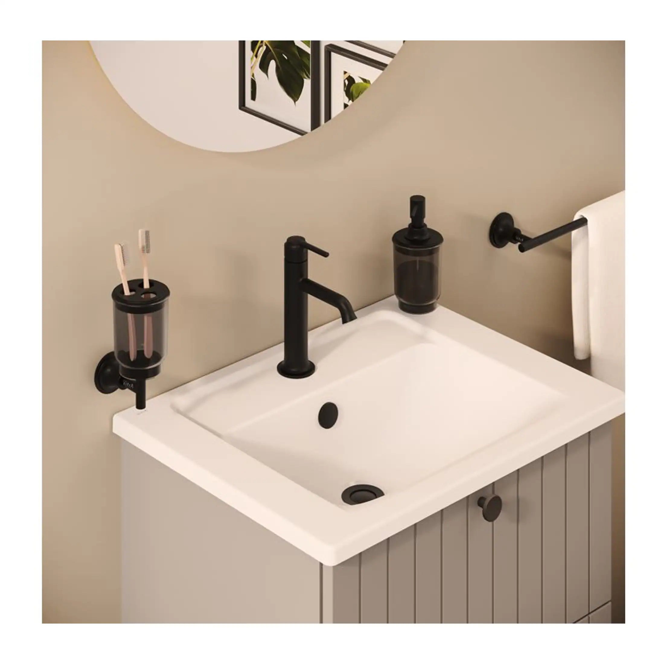 Natural black bathroom fixtures including a matte black tap, soap dispenser, toothbrush holder, and towel rail in a stylish modern bathroom setting.