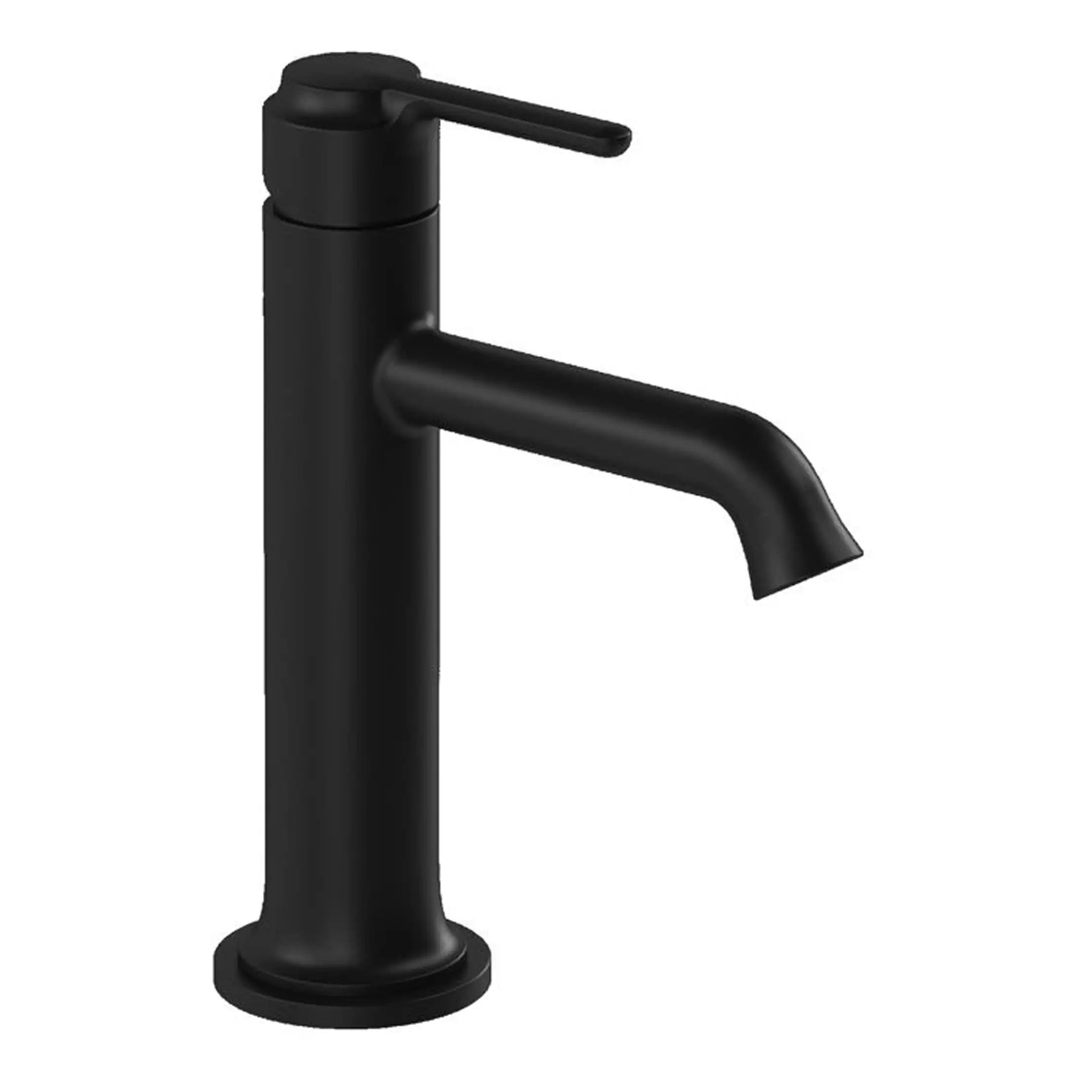 Sleek black bathroom basin tap for modern bathroom design. Durable matte finish faucet with a single lever, perfect for sleek, contemporary bathroom settings.