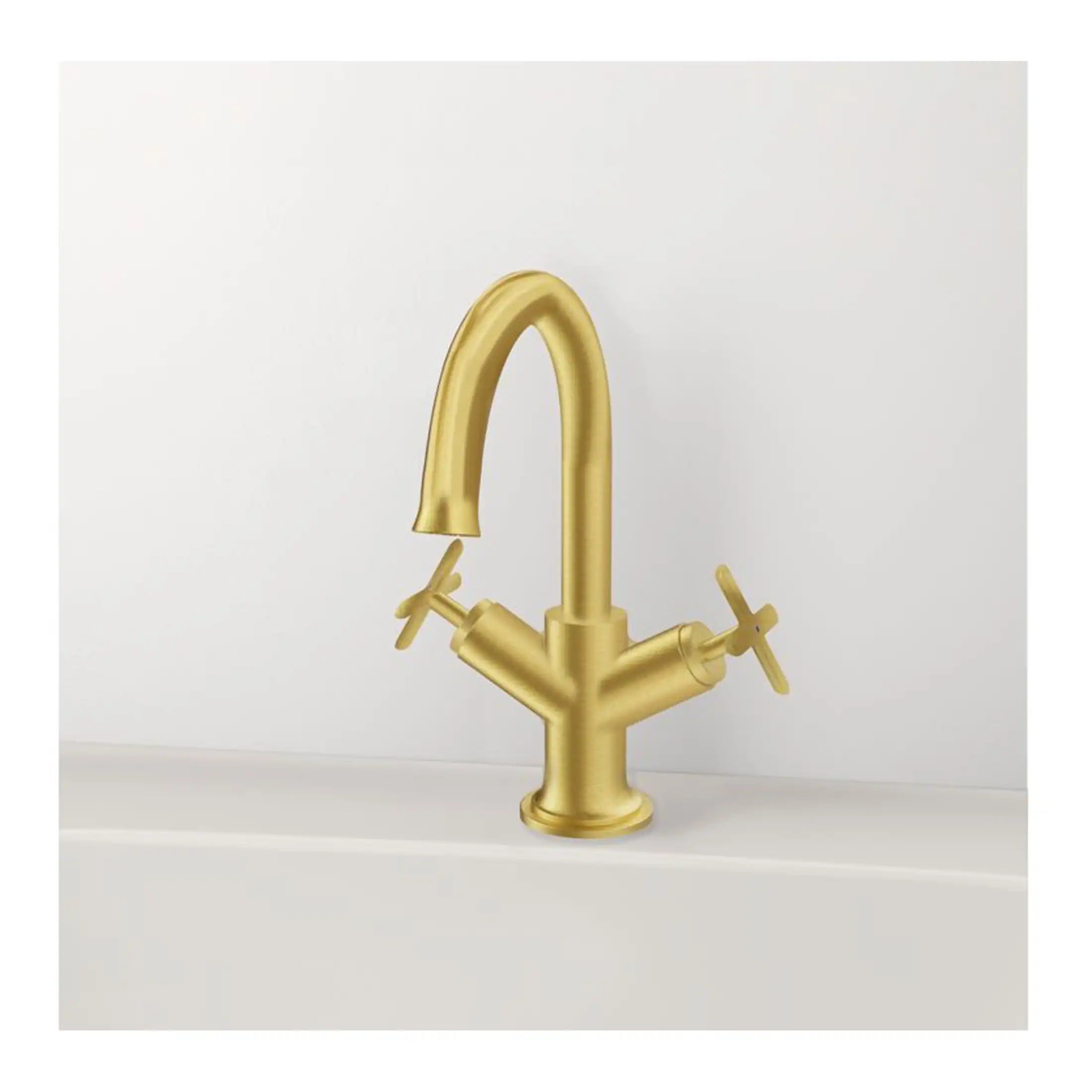 Shiny gold bathroom tap with dual handles, modern design, and sleek finish, ideal for sophisticated bathroom renovations. Perfect for contemporary bathroom styles and high-end fixtures.