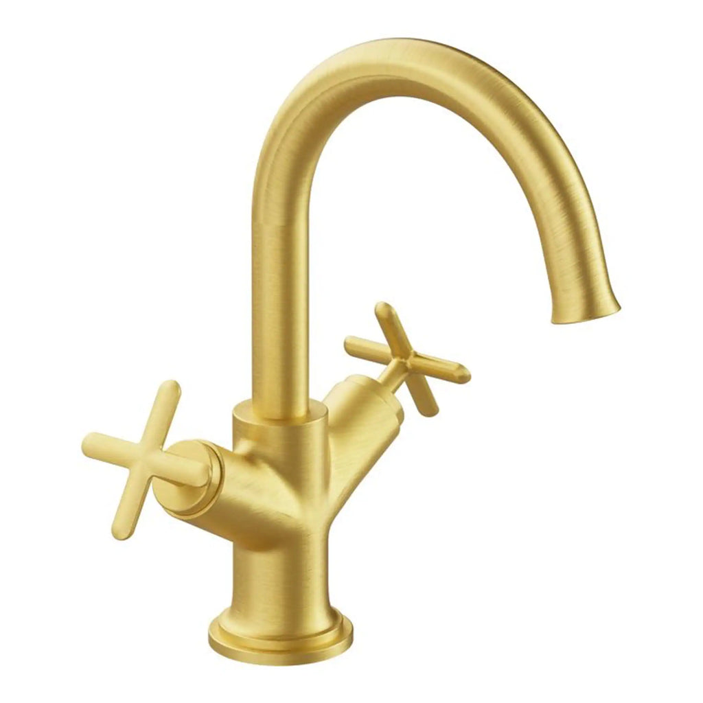 Sleek gold bathroom tap with dual handles, modern design for contemporary bathroom fixtures, high-quality finish, perfect for stylish and functional bathroom upgrades.