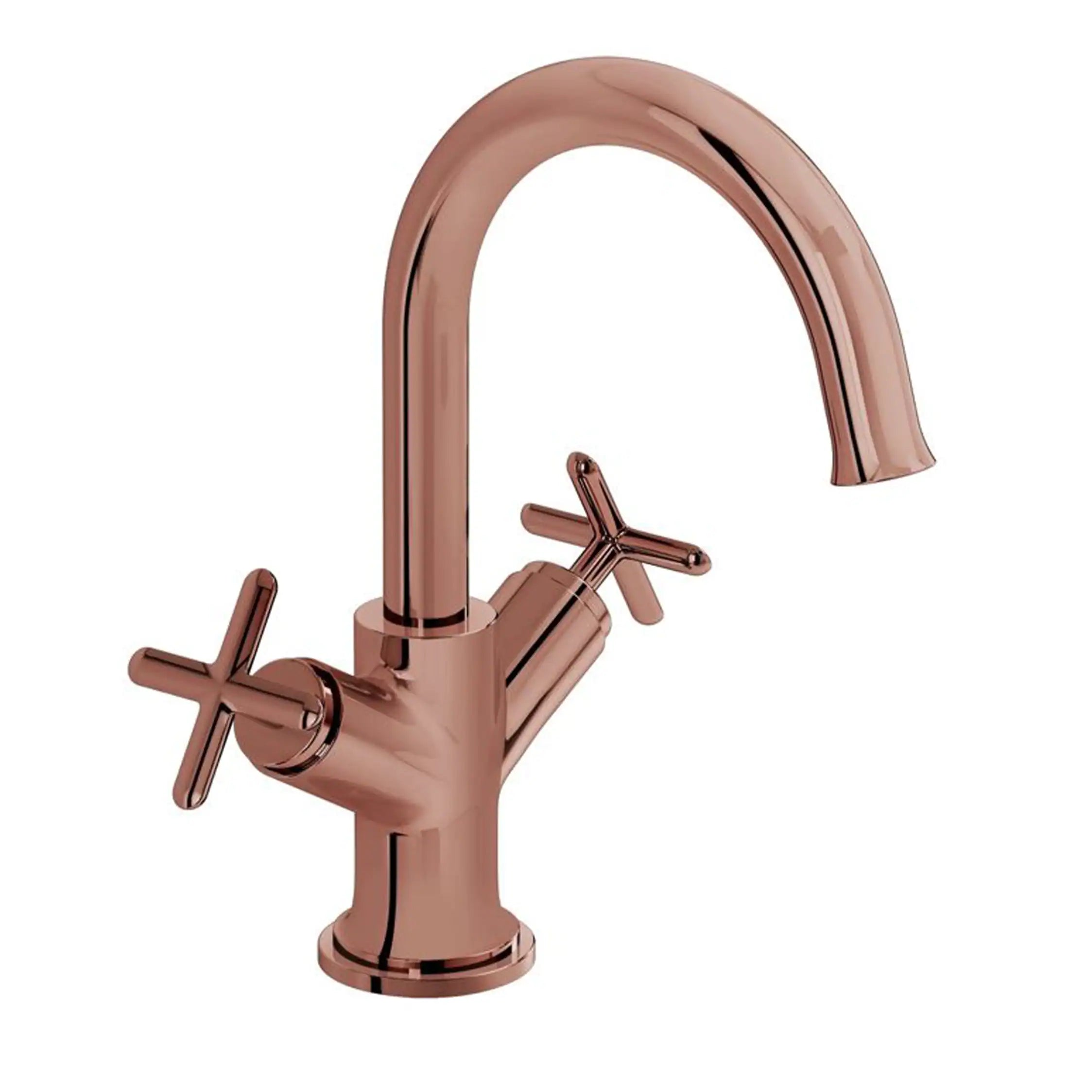 Brushed rose gold bathroom tap with dual handles and high-arc spout, modern design, suitable for stylish kitchen or bathroom sink, durable and elegant finish.