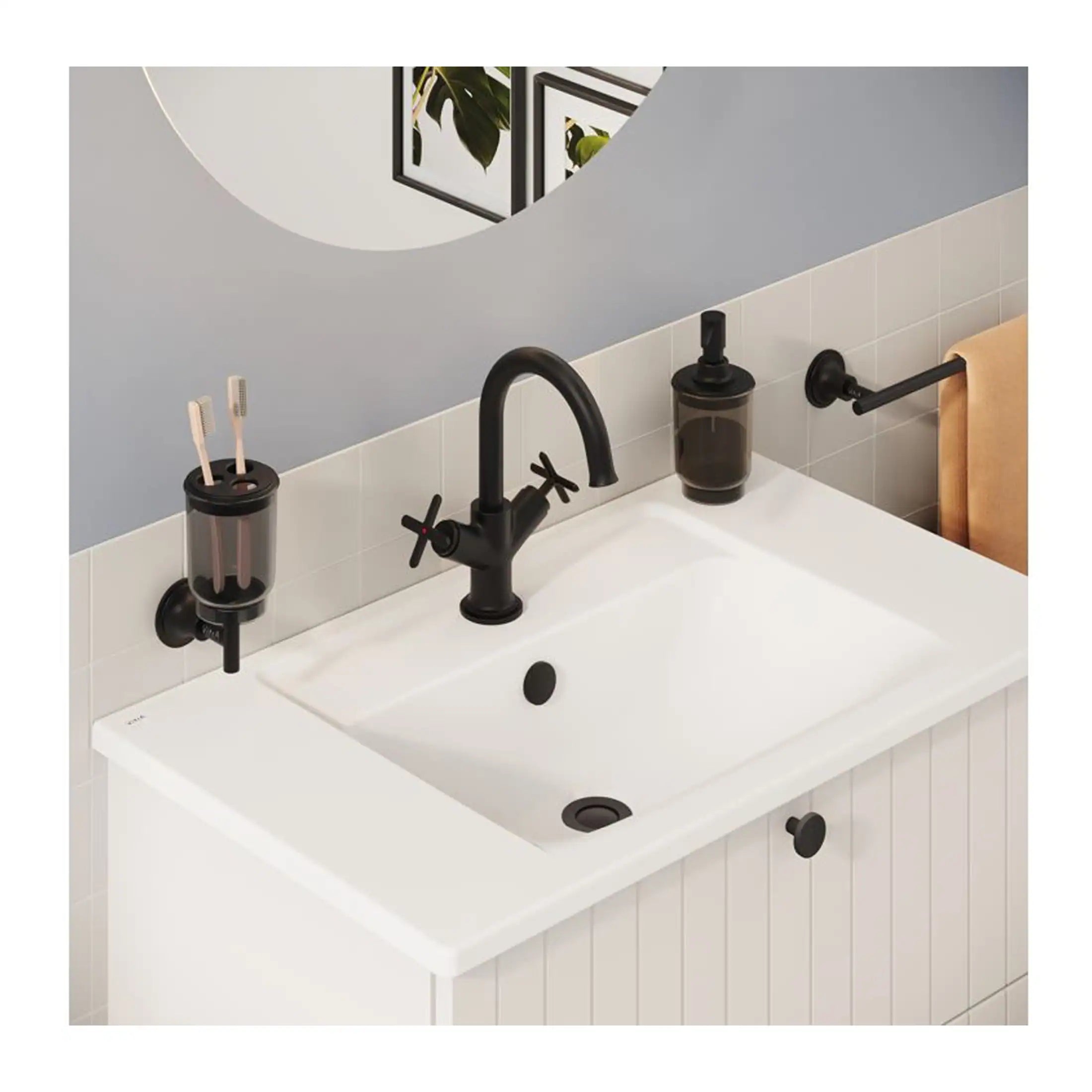 Sleek black bathroom tap and accessories set with toothbrush holder, soap dispenser, and towel rail against white tiled wall, modern and stylish bathroom design.