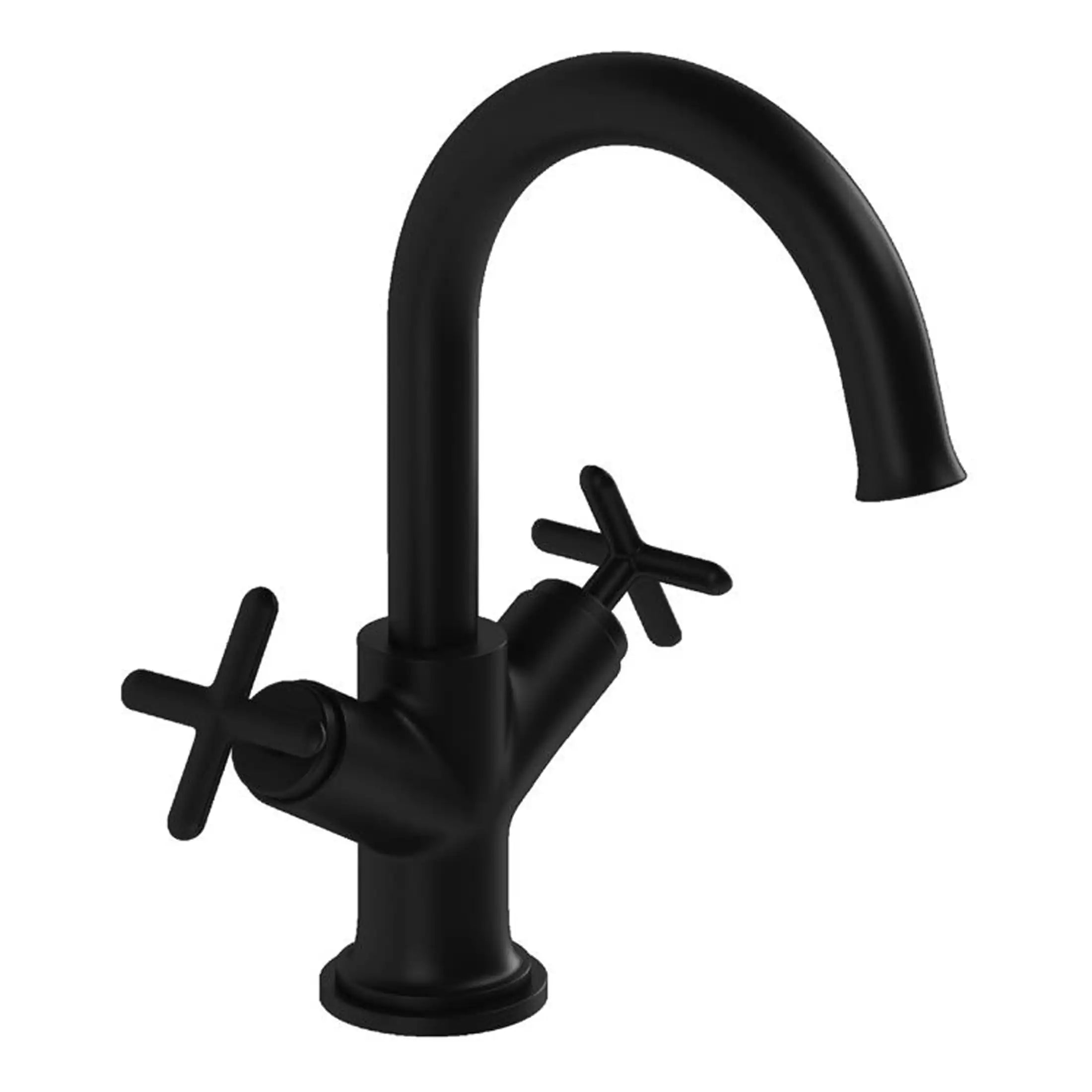 Black kitchen tap with dual handles and high-arc spout for modern bathroom or kitchen installation. Durable matte finish suitable for enhancing contemporary bathroom designs.