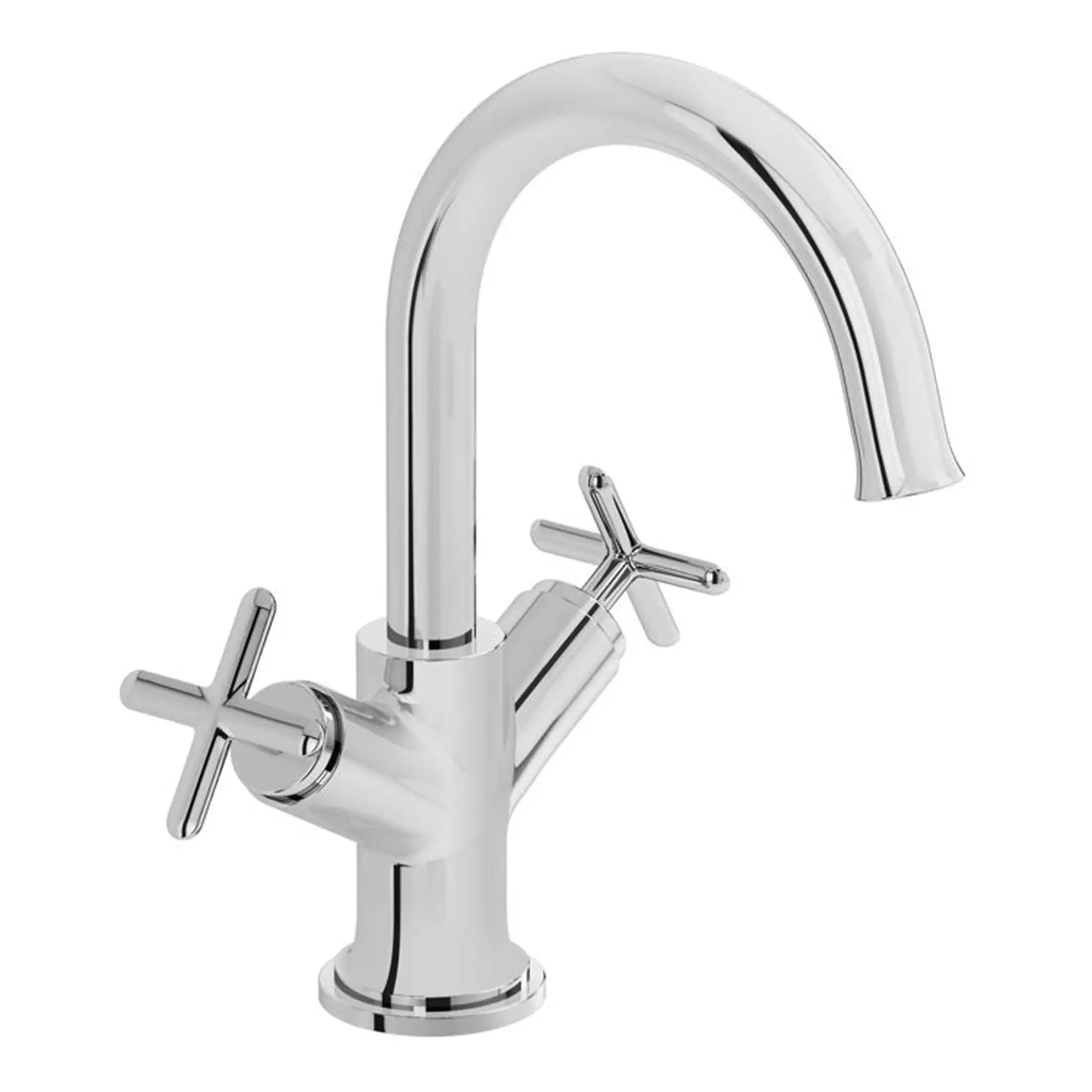 Shiny chrome kitchen or bathroom tap with dual cross-handle design, modern style, suitable for contemporary home decor, high-quality fixture from Bubly Bathrooms.
