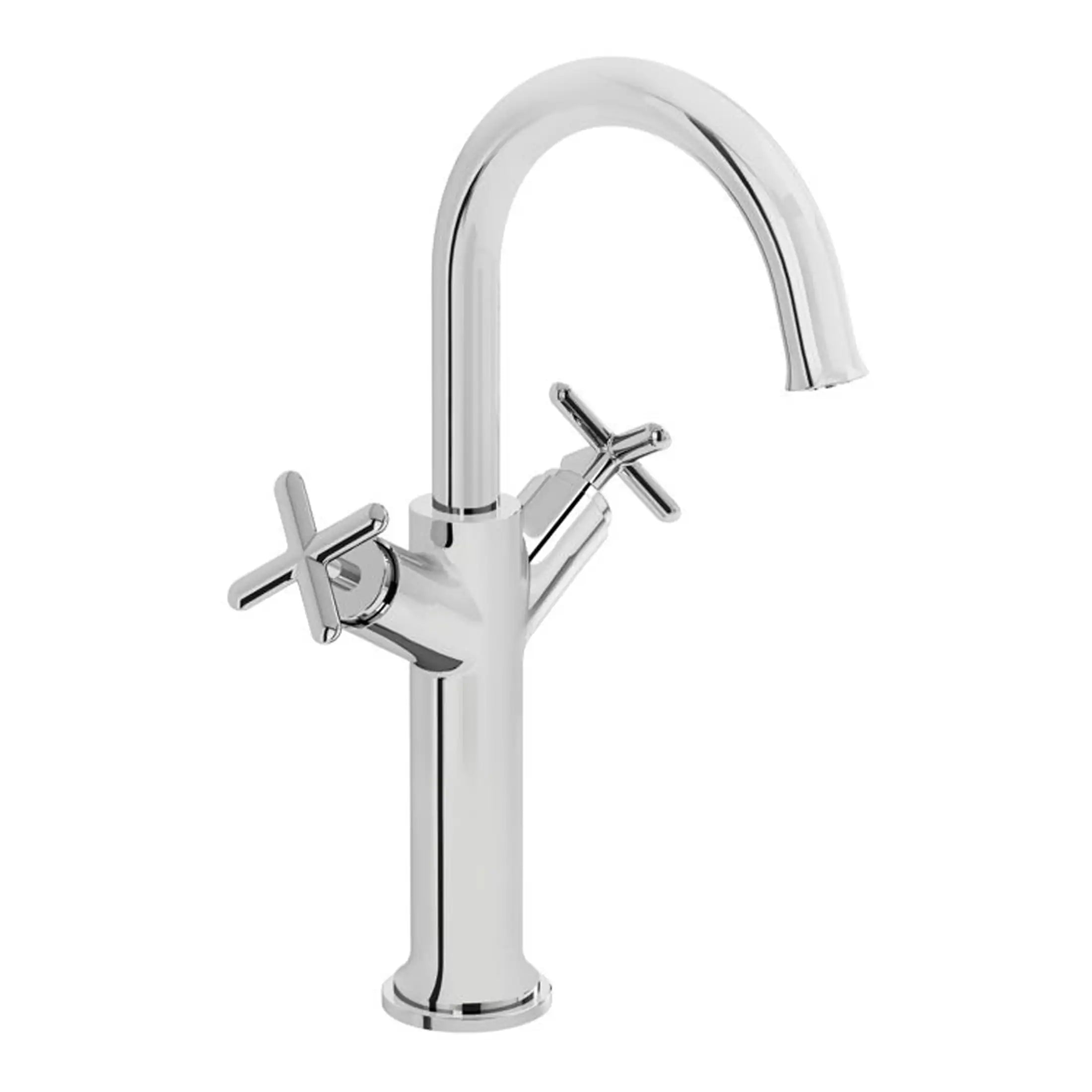 Sleek chrome bathroom mixer tap with dual handles, ideal for modern kitchen or bathroom sinks, featuring a high-arc spout for versatile use.
