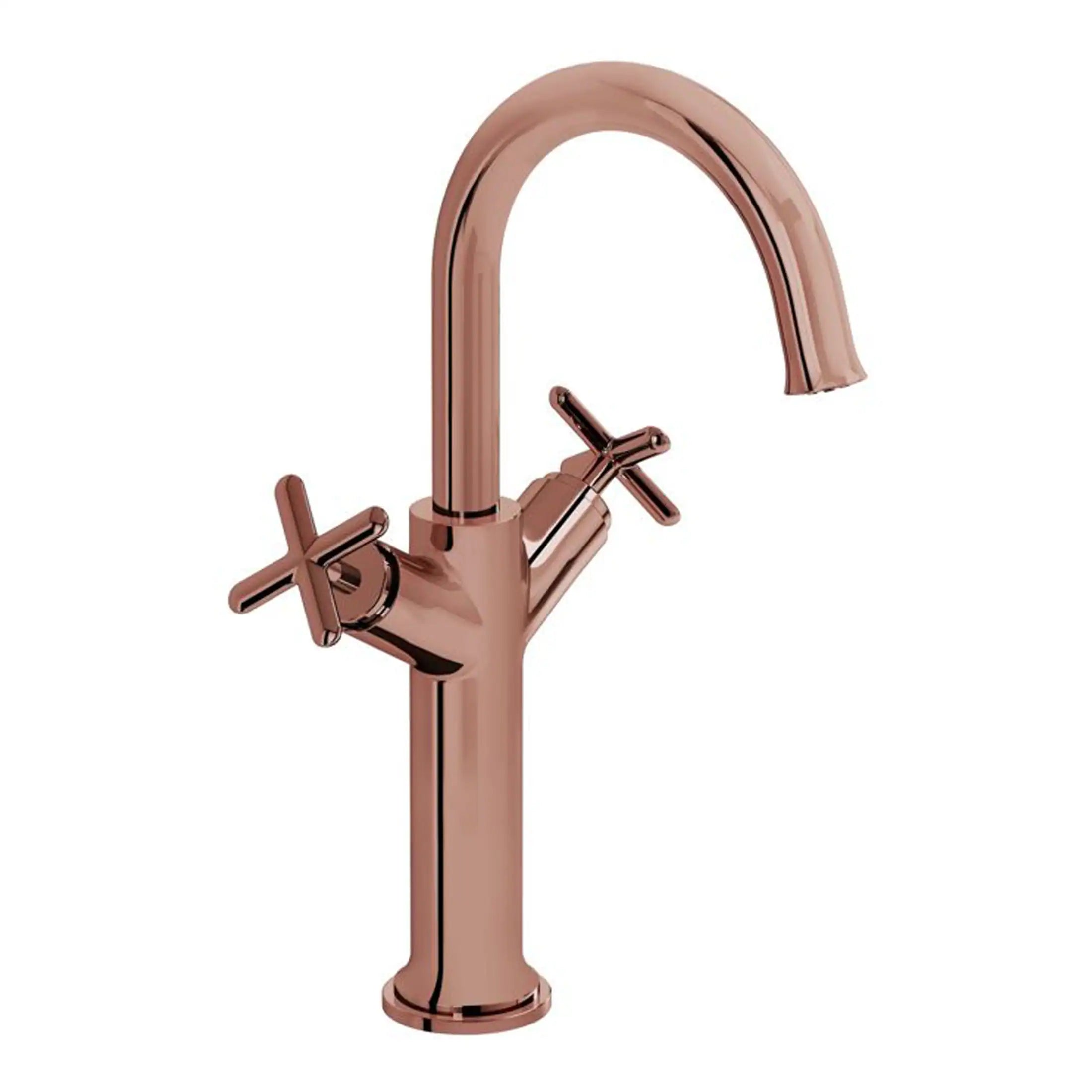Luxurious rose gold bathroom tap with dual handles, modern design, perfect for contemporary bathrooms and kitchen sinks, combining style and functionality.