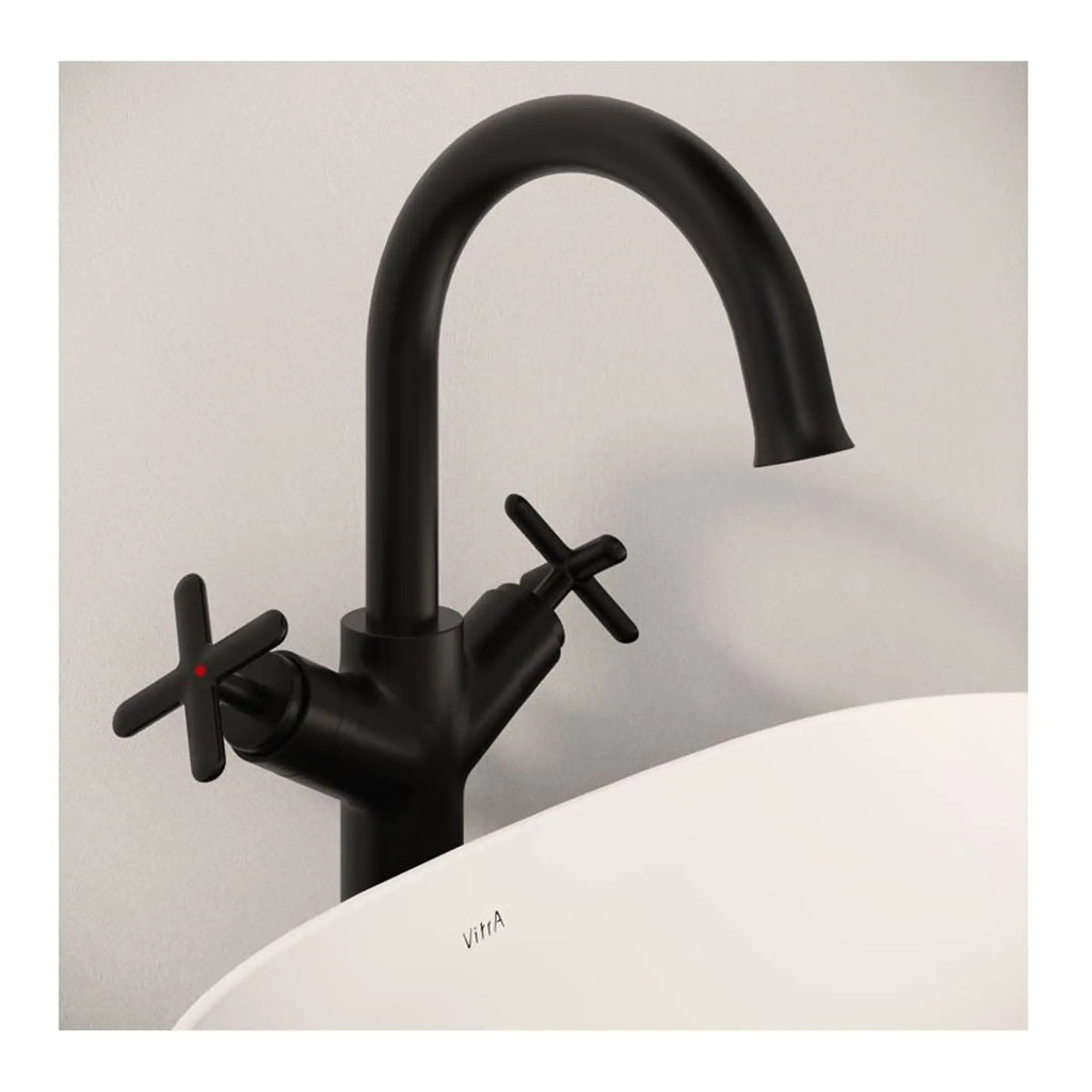 Modern matte black kitchen tap with two cross handles, sleek curved spout, and minimalist design, perfect for contemporary bathroom or kitchen renovations.