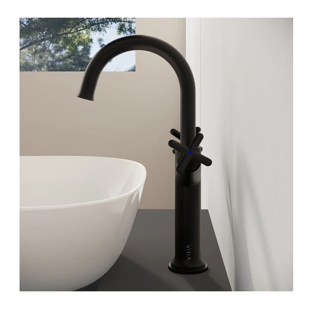 Sleek black bathroom tap with modern design, high-arc spout, and cross handles, perfect for contemporary bubly bathroom renovation projects.